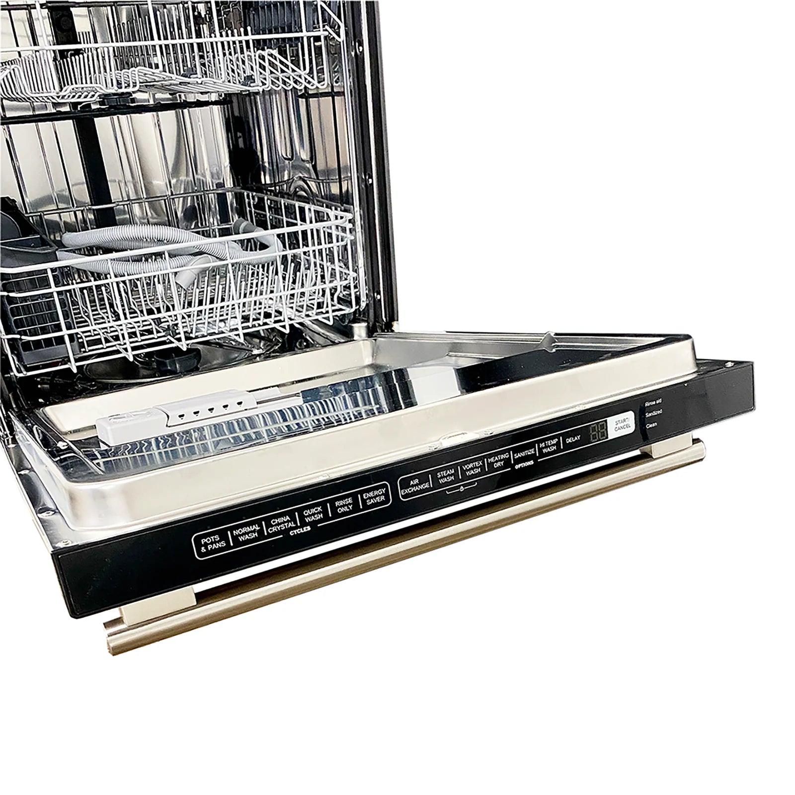 Stainless steel dishwasher with open door and front control panel, visible racks
