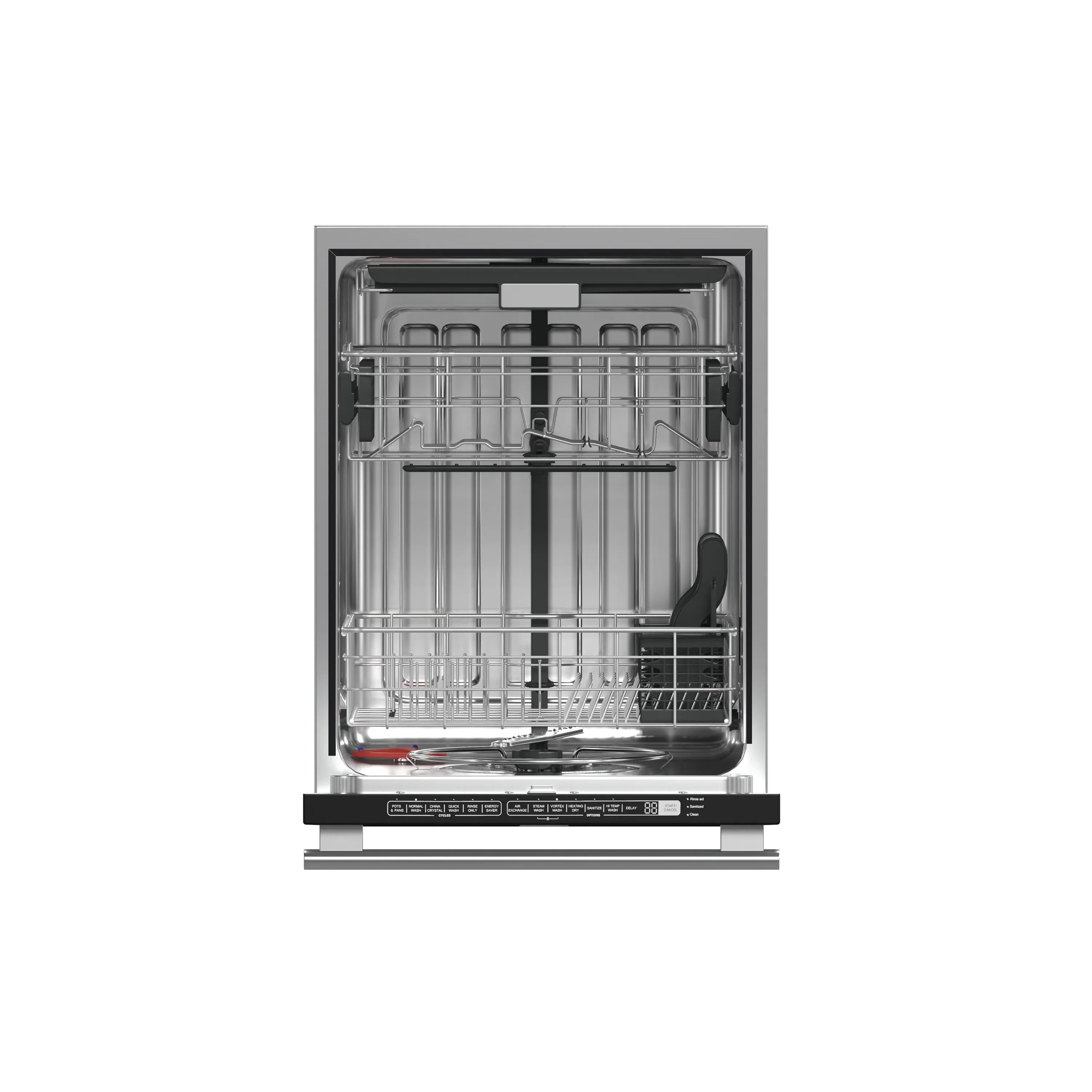 Dishwasher door open showing upper rack and lower rack with spray arms