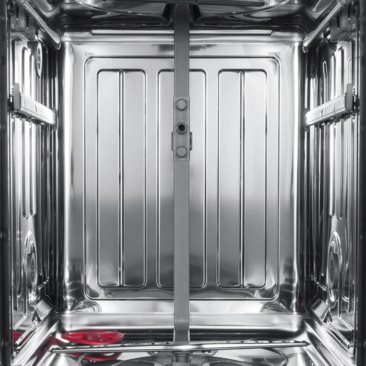 Stainless steel dishwasher tub interior with central spray assembly