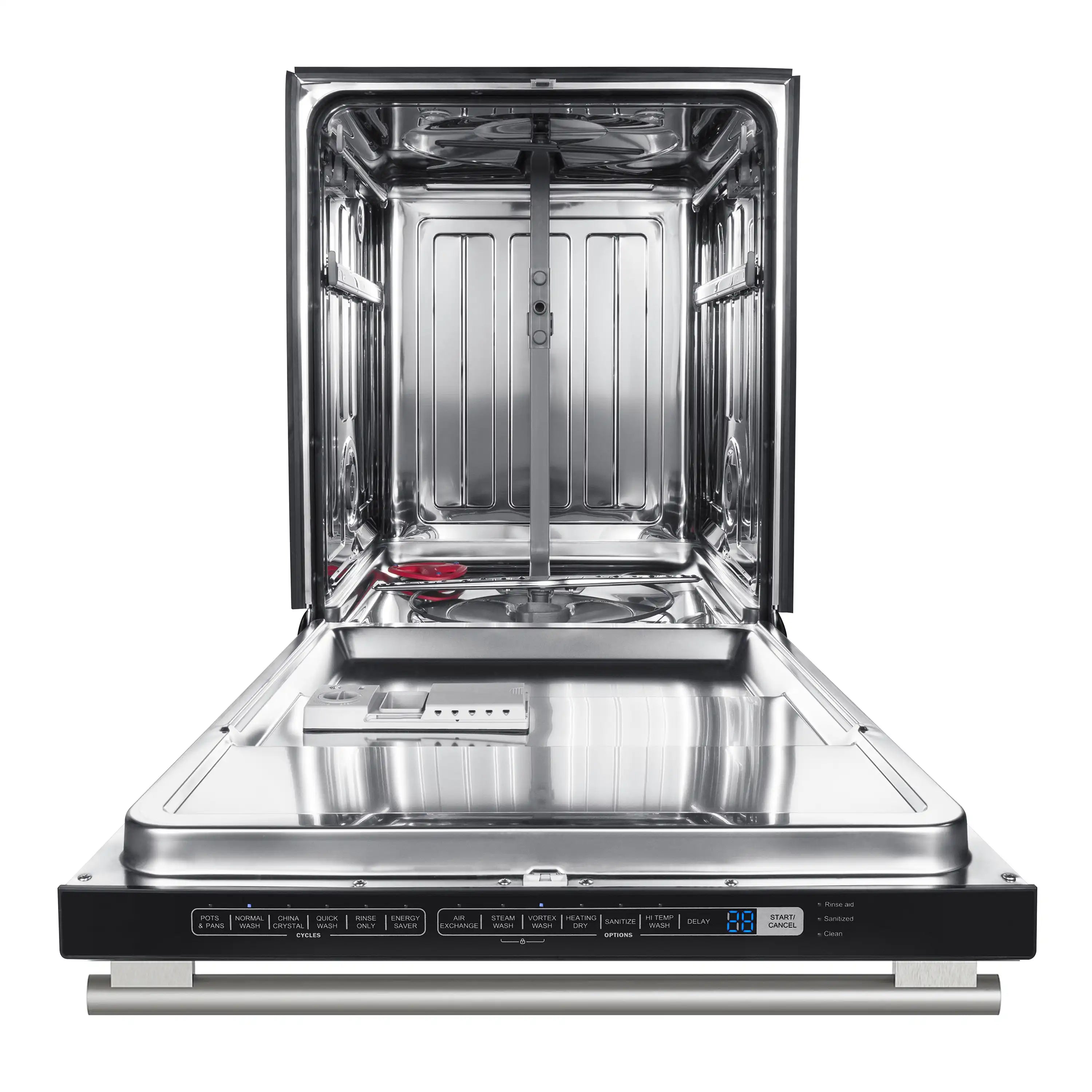 Stainless-steel dishwasher tub with open door and upper and lower racks