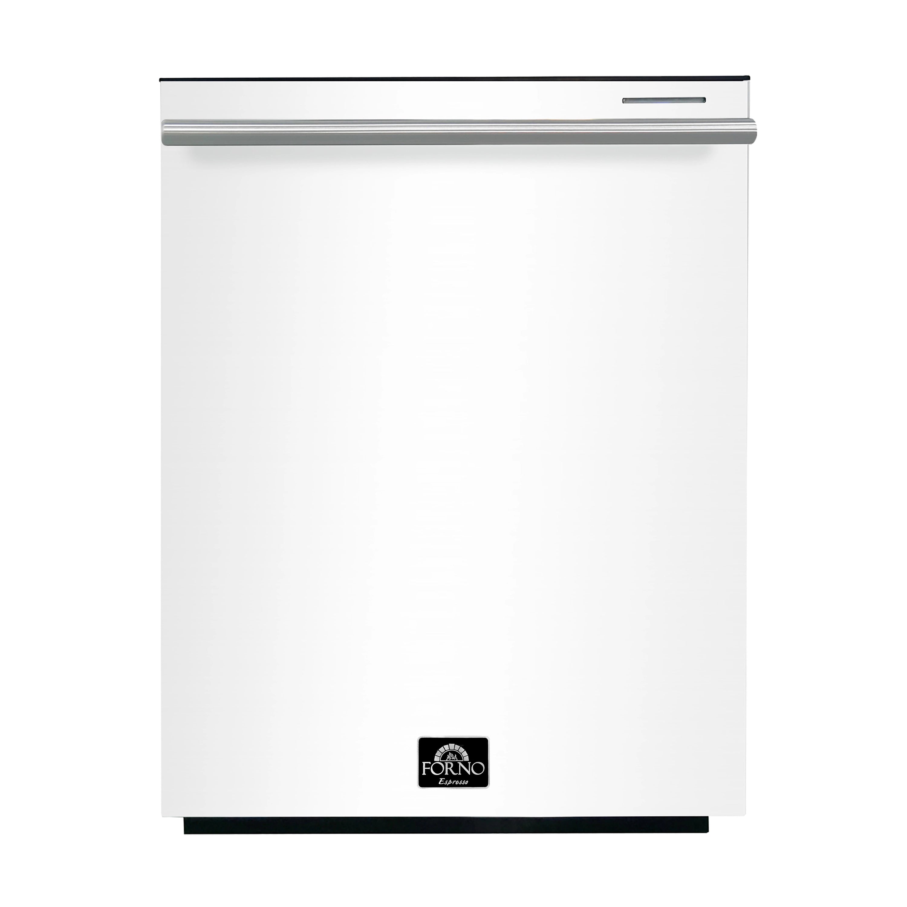 White built-in dishwasher door with stainless handle and Forno logo, closed