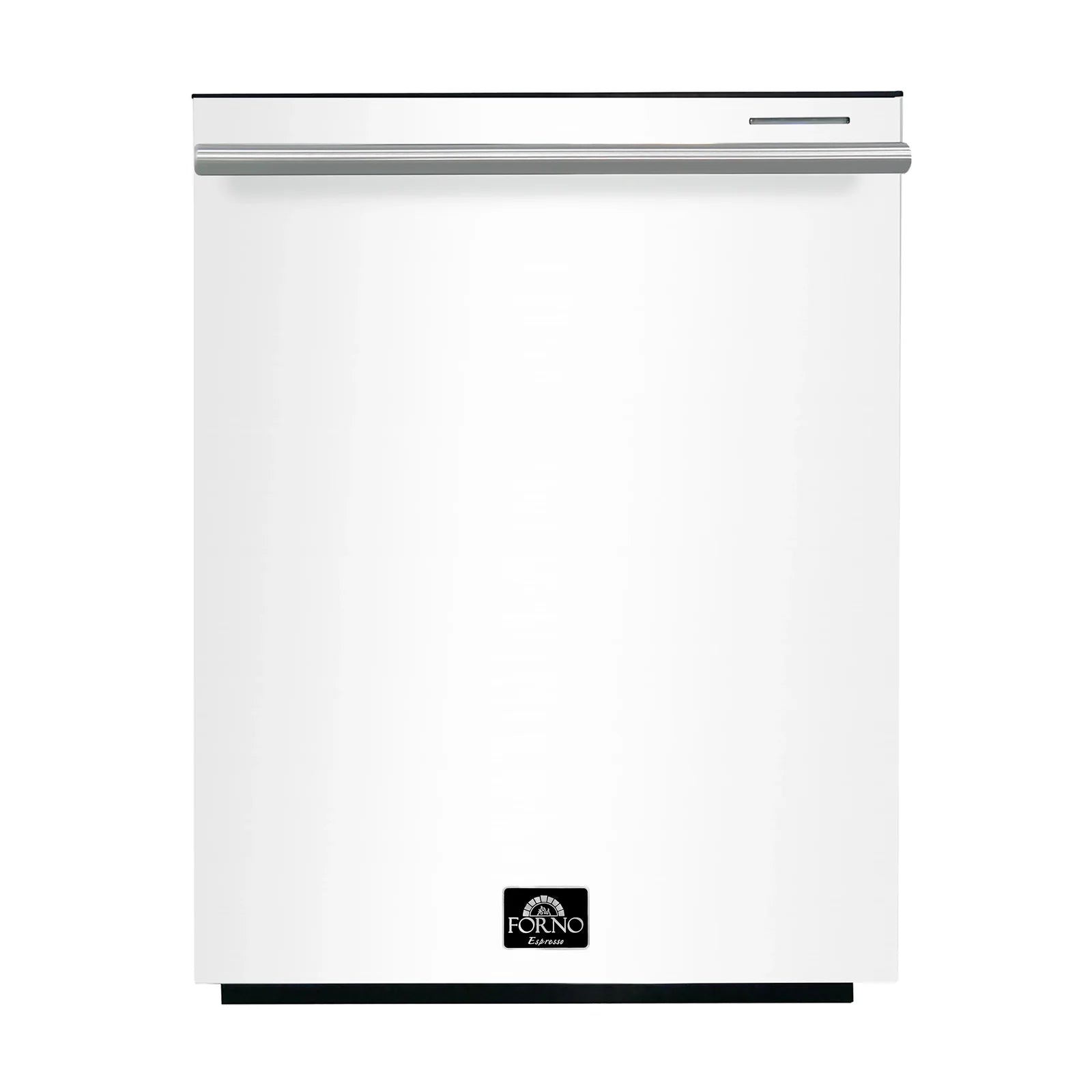 White built-in dishwasher with stainless top trim and control panel