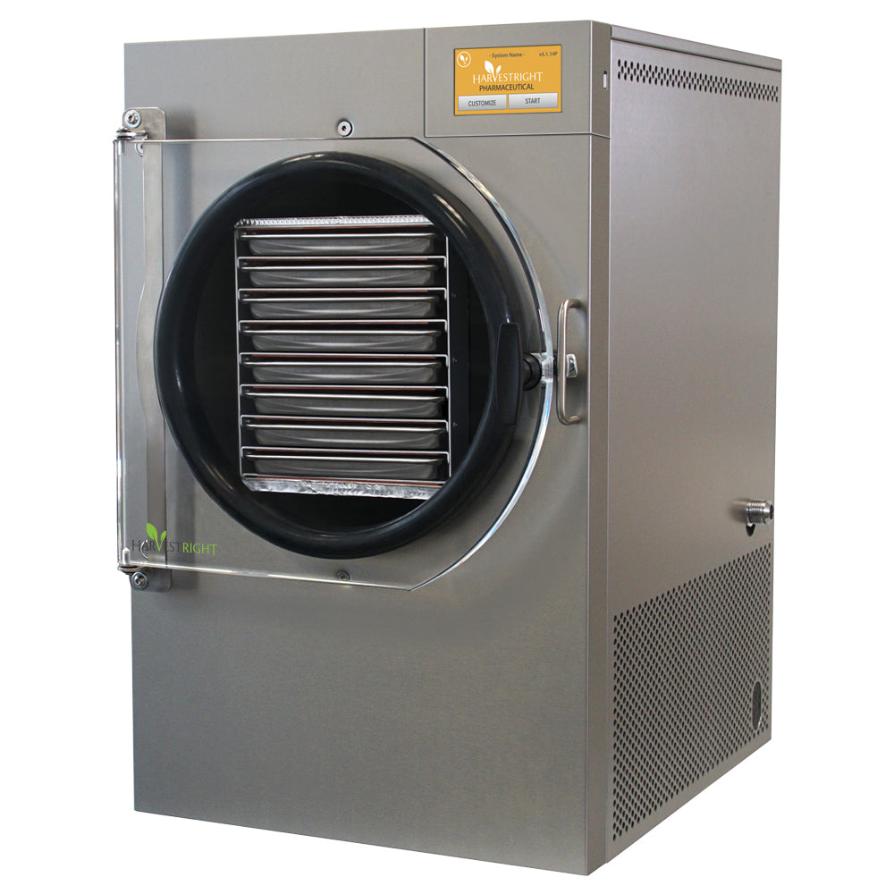 Large pharmaceutical freeze dryer unit with circular door and side vent grille