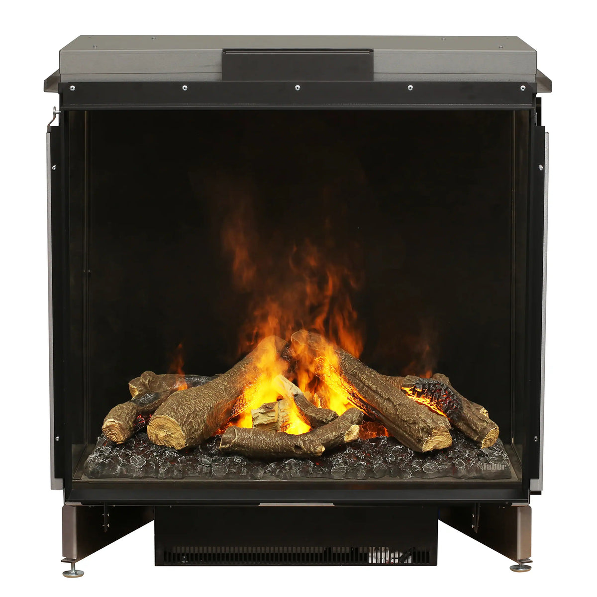 Electric firebox insert with centered flames, charred log set, and dark ember bed