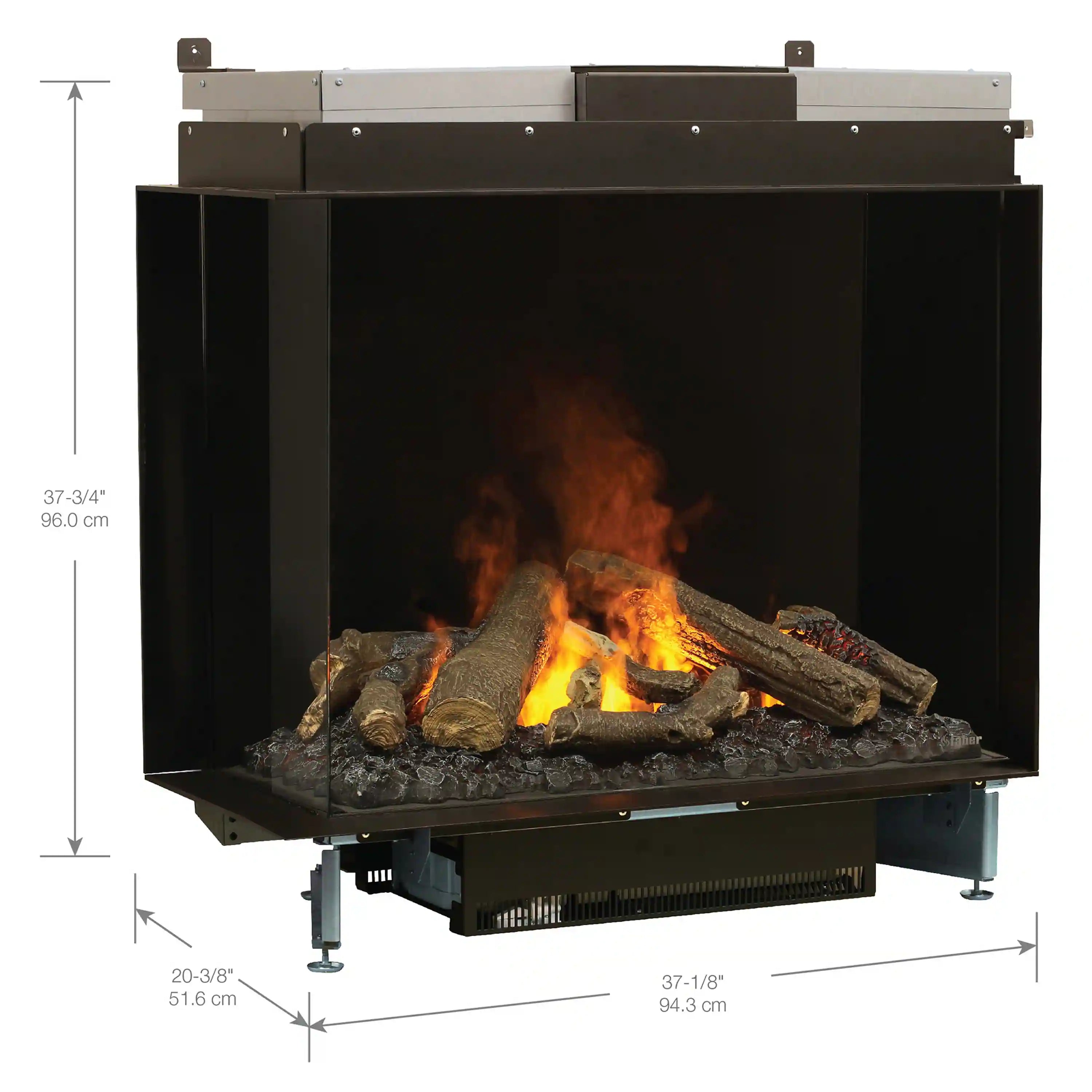 Electric firebox with glowing log and flame effect, front view with unit diagram markers