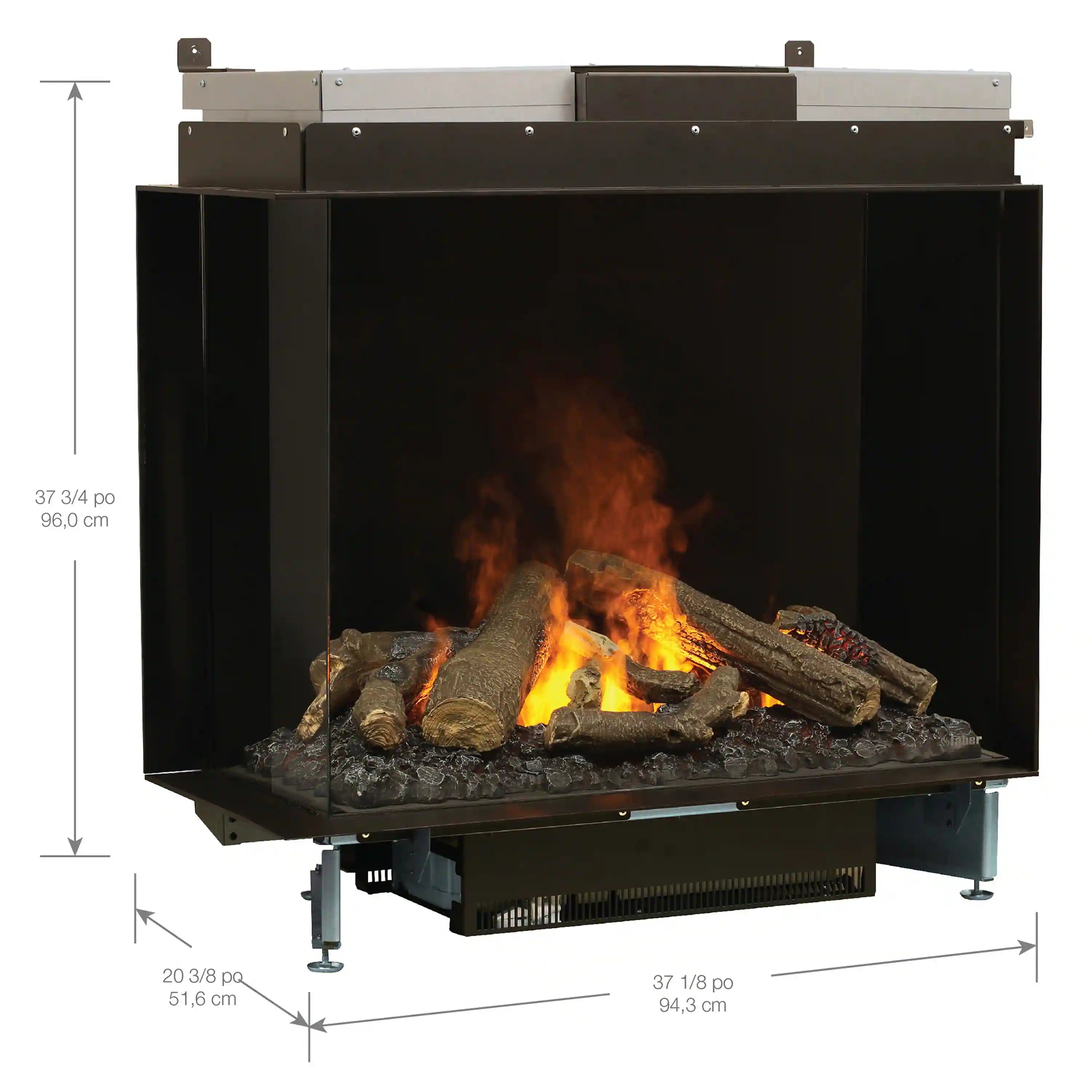 Left-facing two-sided electric firebox in black with visible burning logs and flames