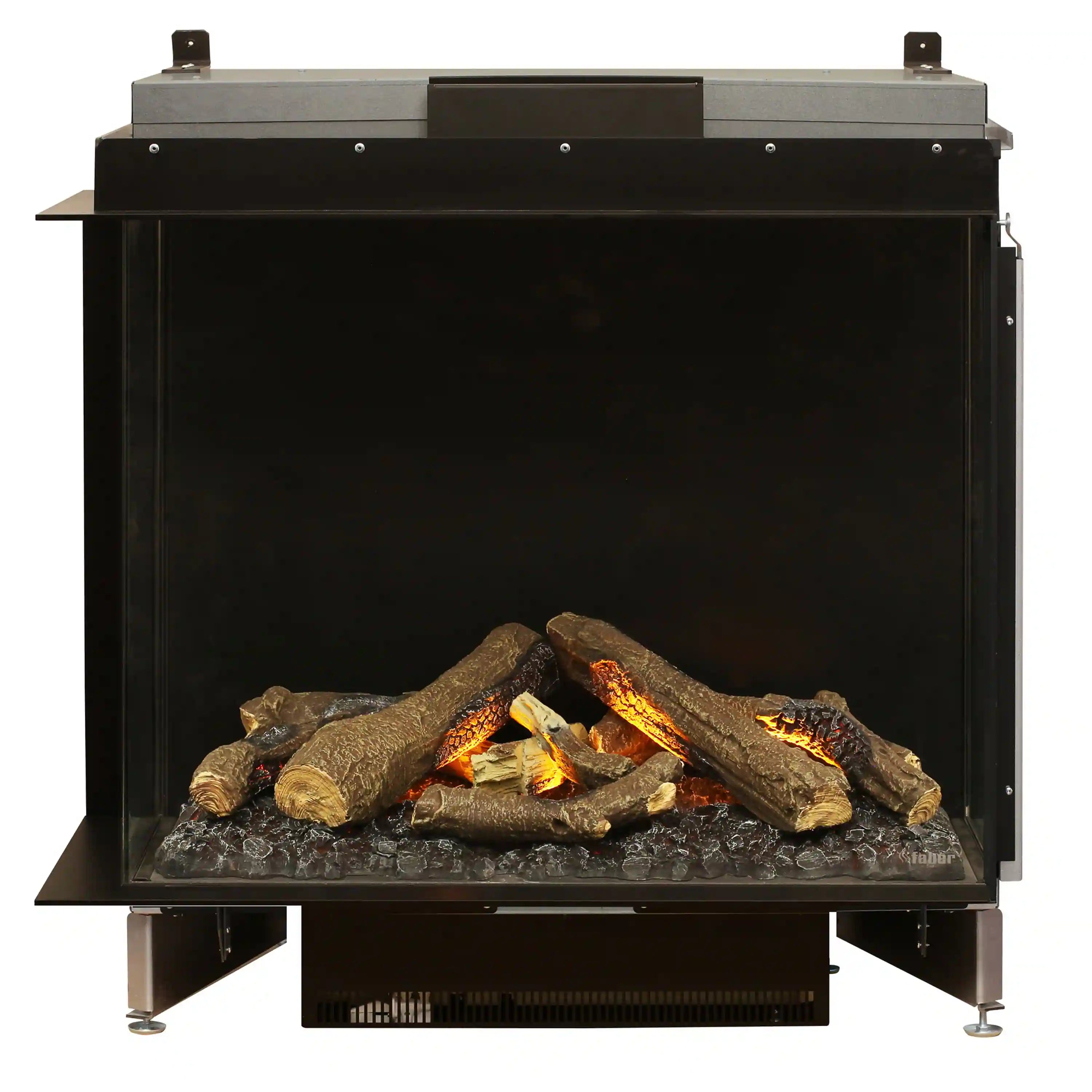 Two-sided electric firebox with black surround and glowing logs in the firebox