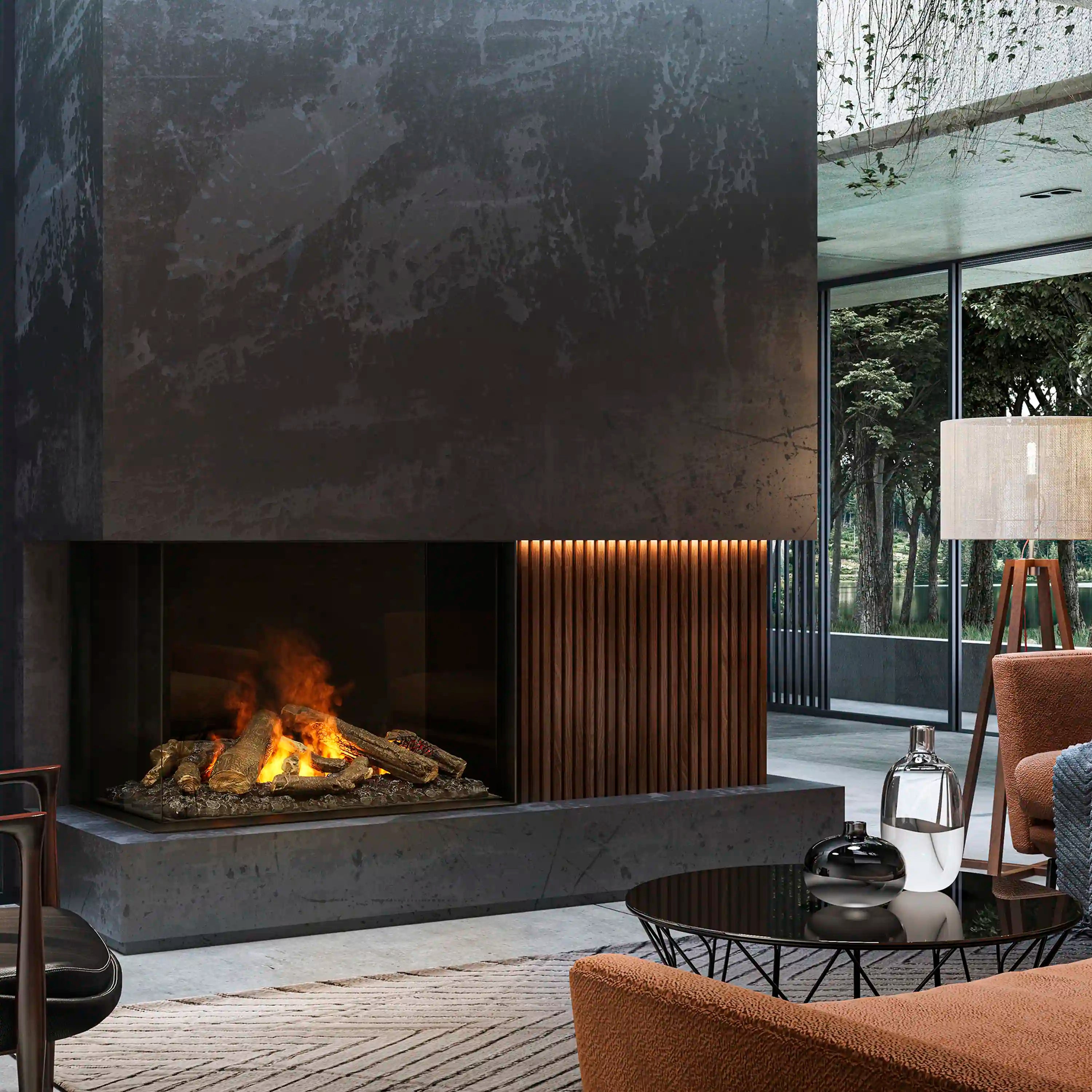 Built-in electric fireplace with glowing logs and dark glass front panel