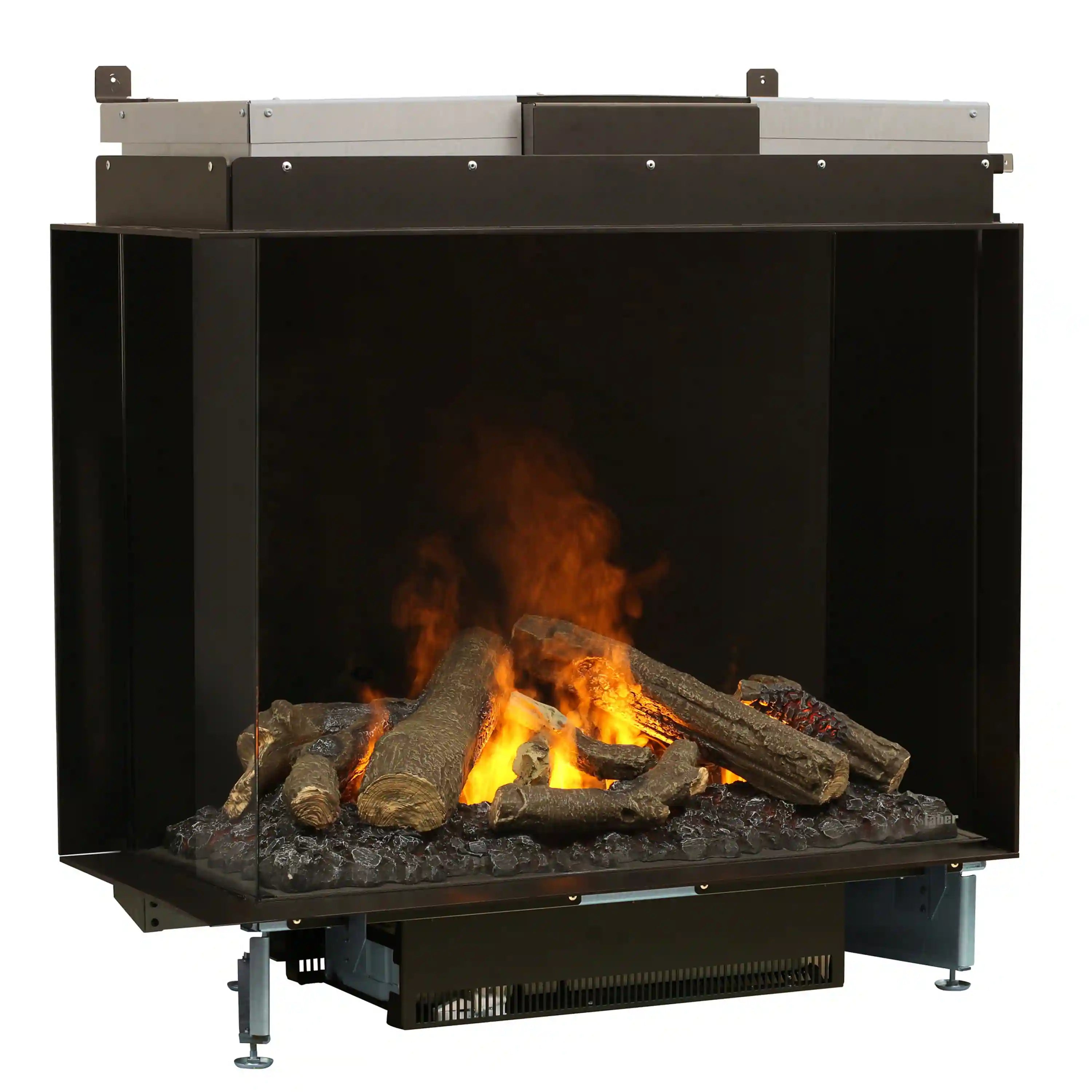 Black electric firebox with faux logs and bright flame effect, side panels visible