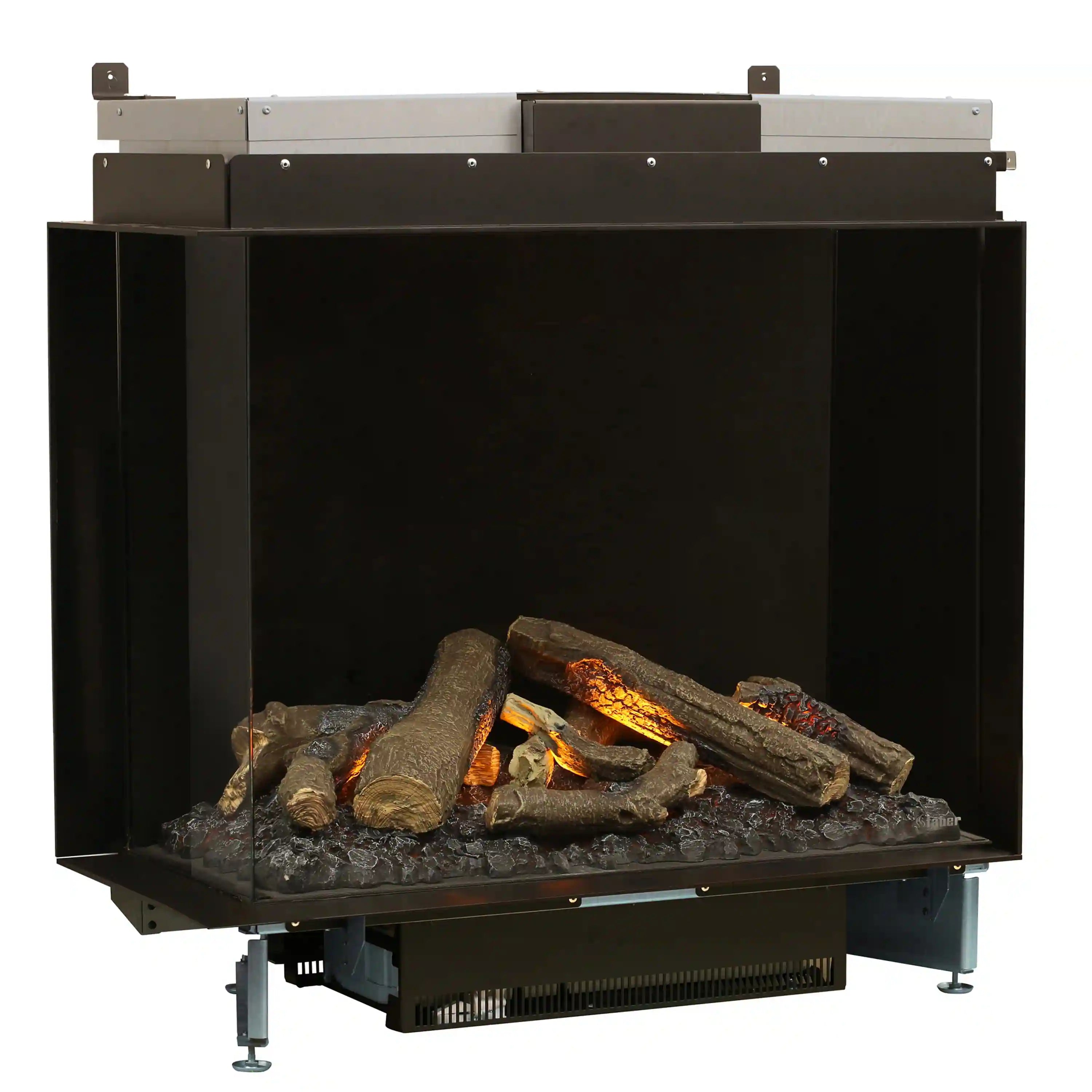 Black electric firebox with faux logs and amber flame effect, glass front centered