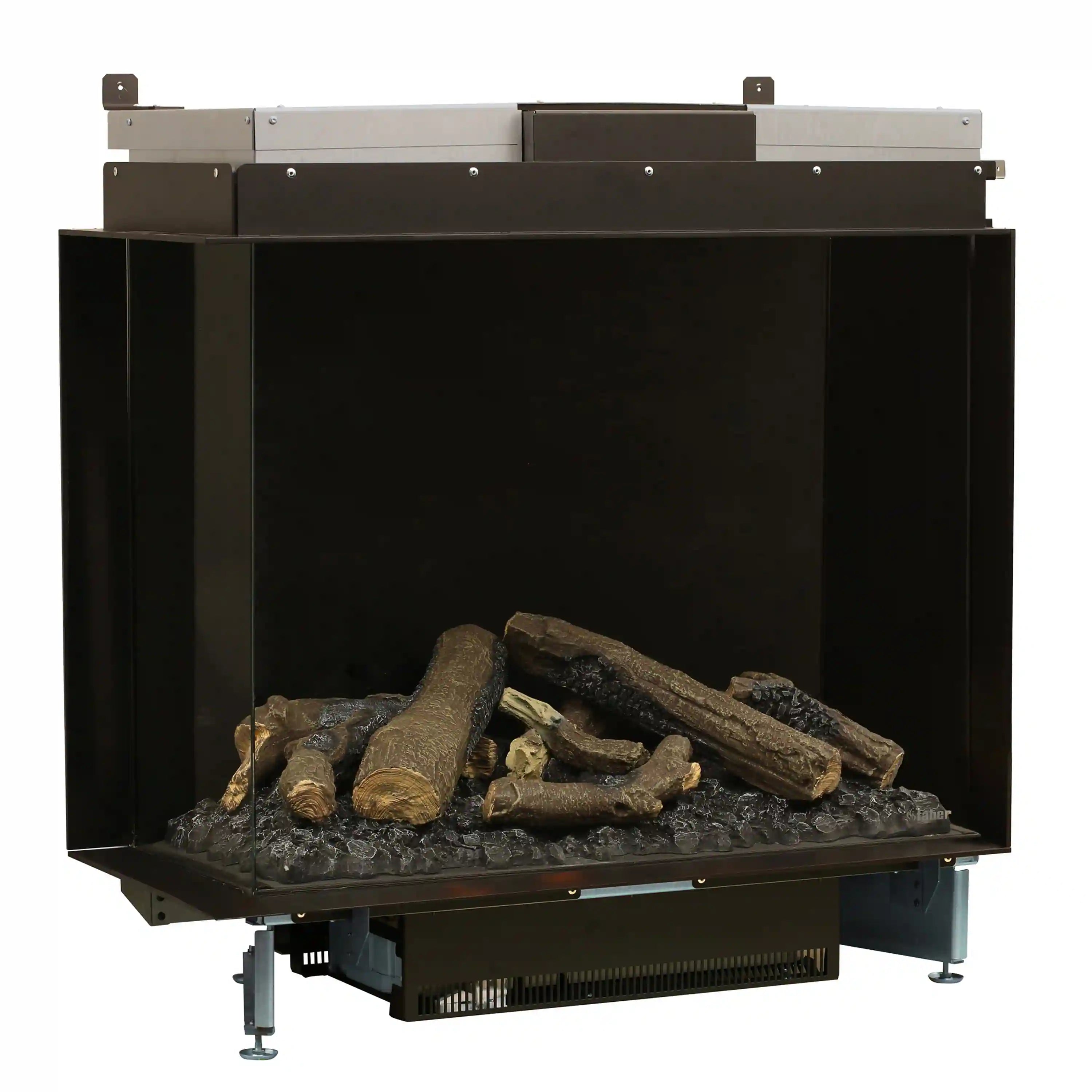 Dimplex Faber e-MatriX left-facing firebox with dark panels and glowing logs