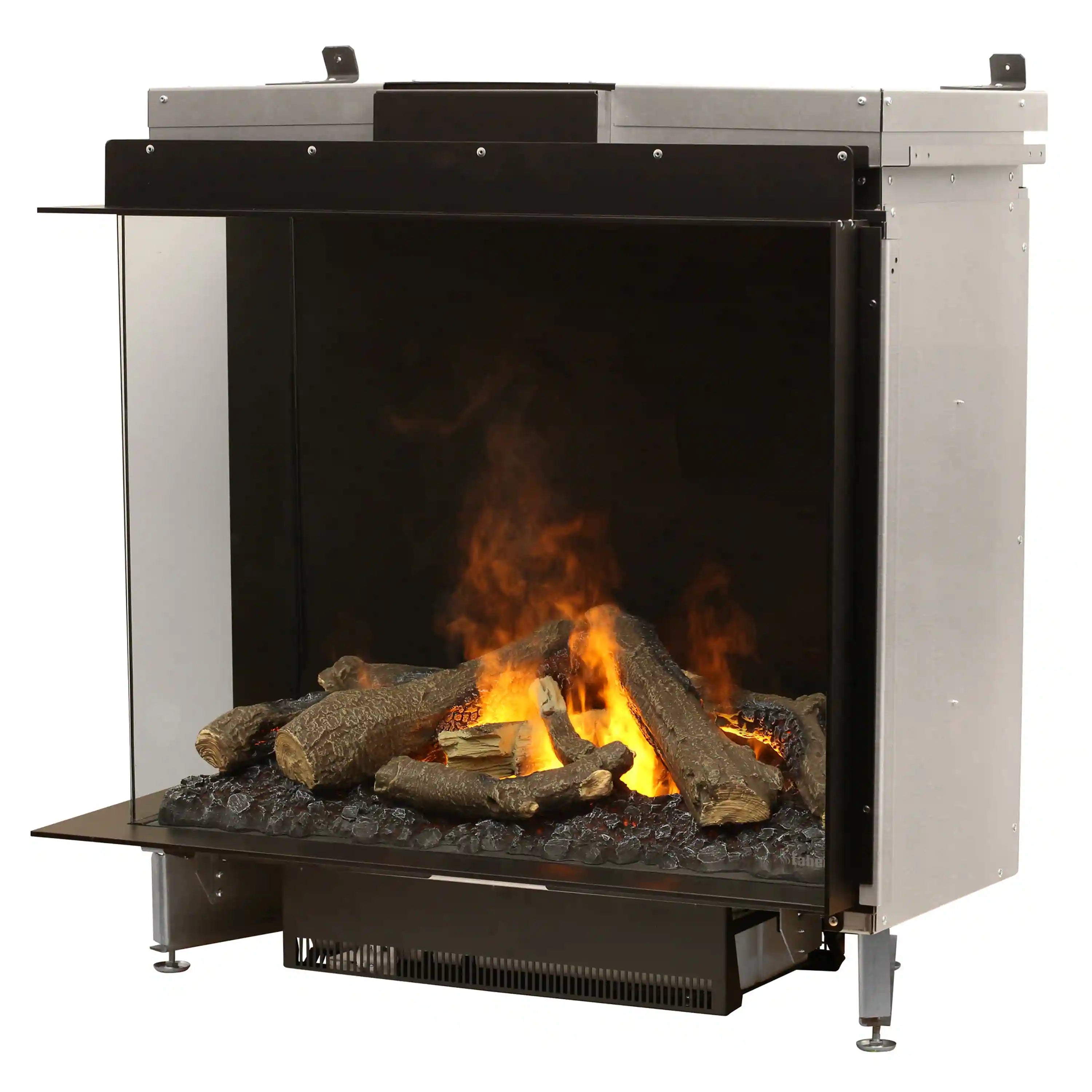 Electric firebox unit with open front, simulated logs, and glowing orange flames