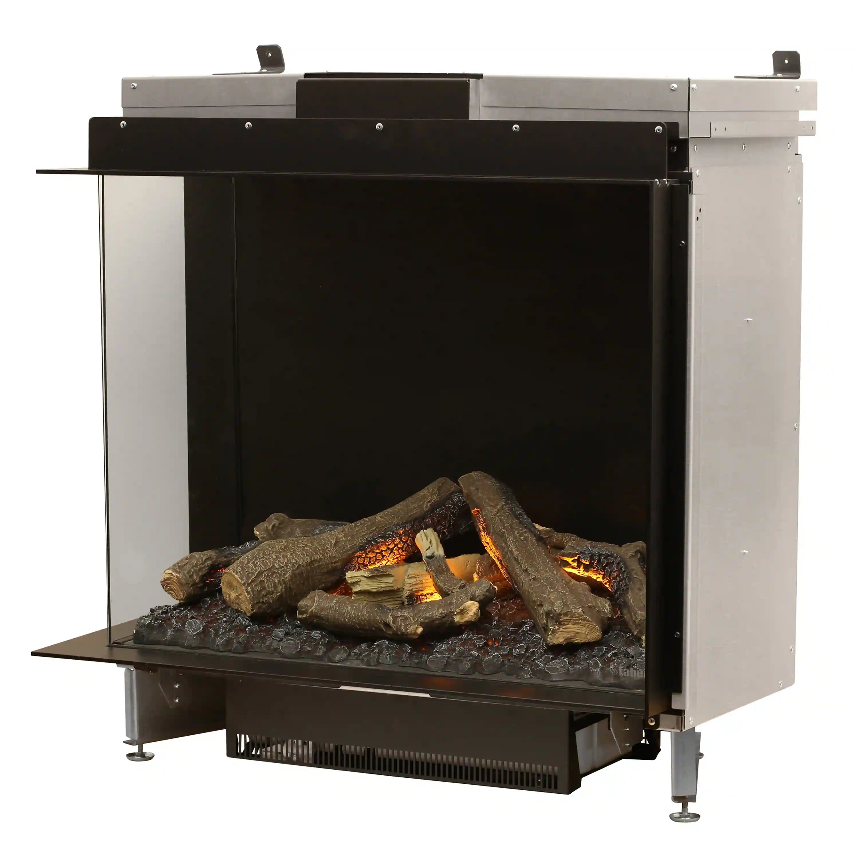 Electric firebox with open fire chamber, black interior and silver side panels