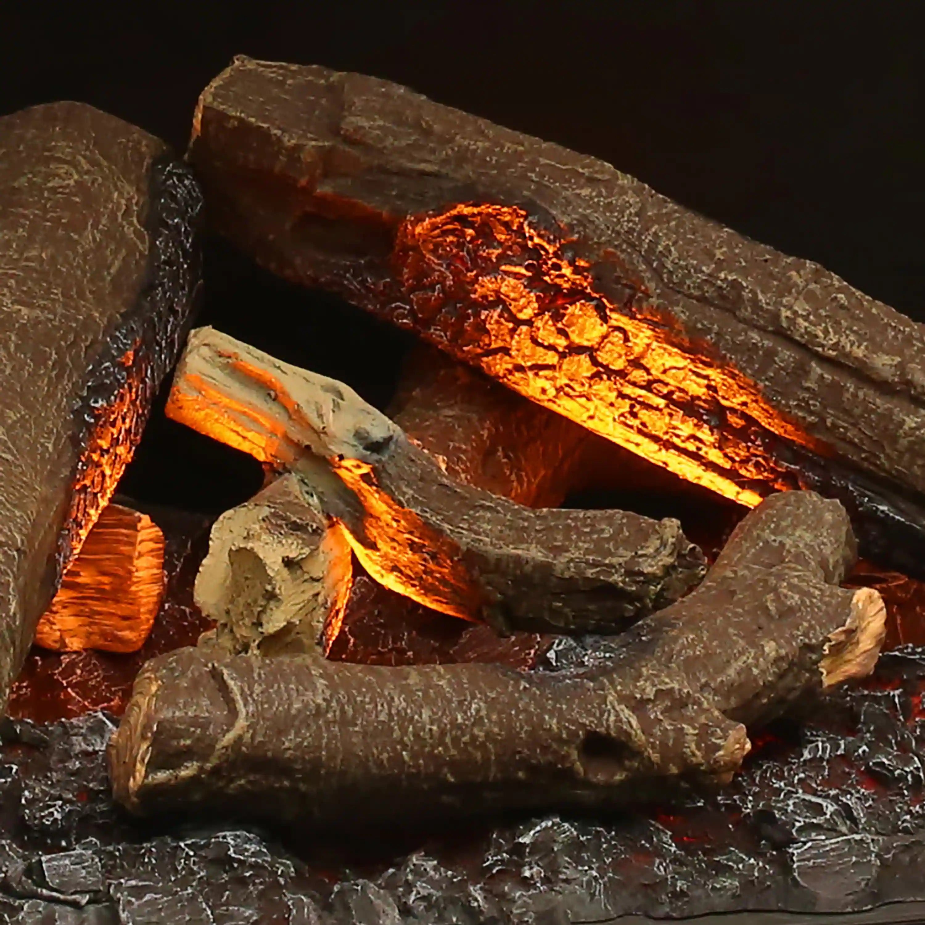 Electric firebox flame effect over charcoal-like logs with orange glowing embers