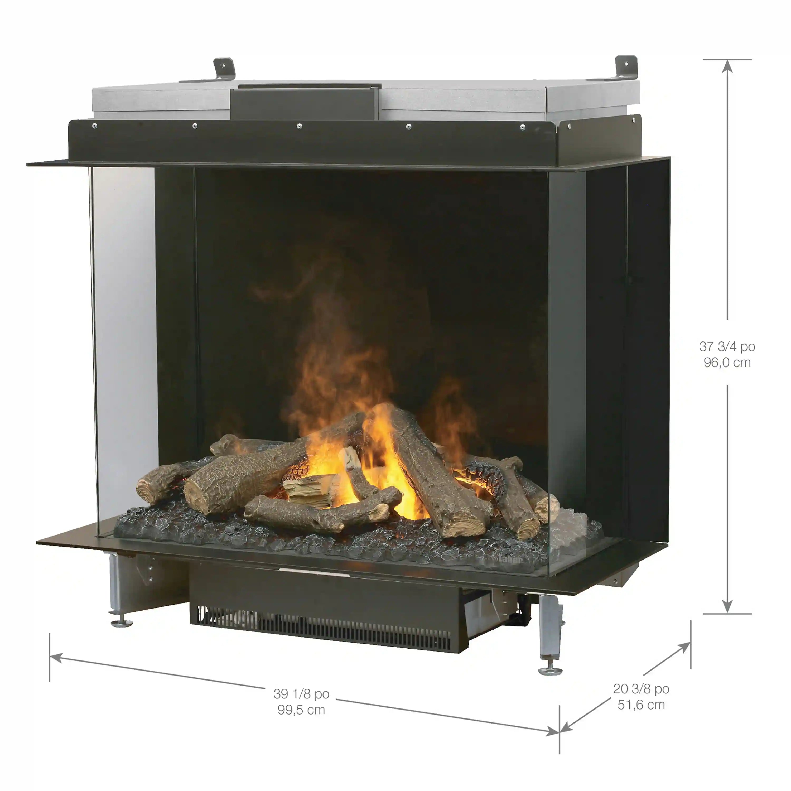 Three-sided electric firebox with black frame and glass viewing area, front view