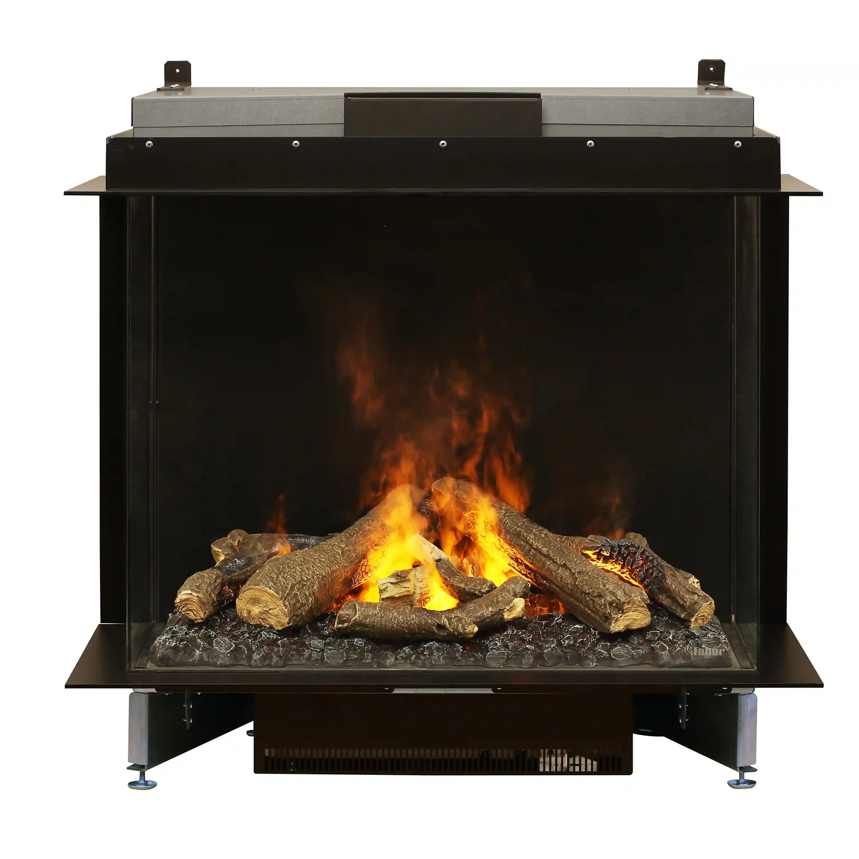 Three-sided electric firebox with dark logs and orange flame effect, centered front view
