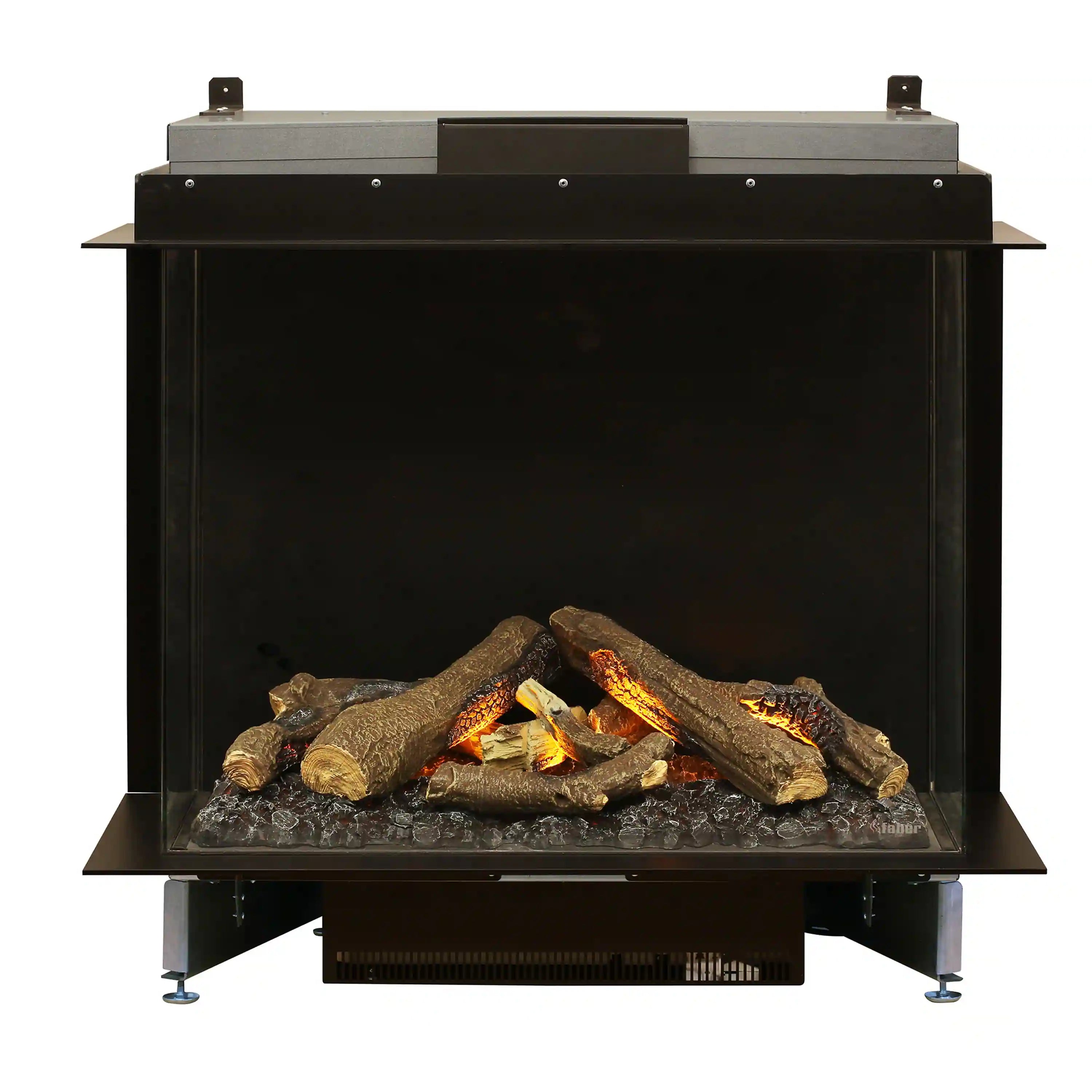 Three-sided electric firebox with glass front, glowing logs and ember bed
