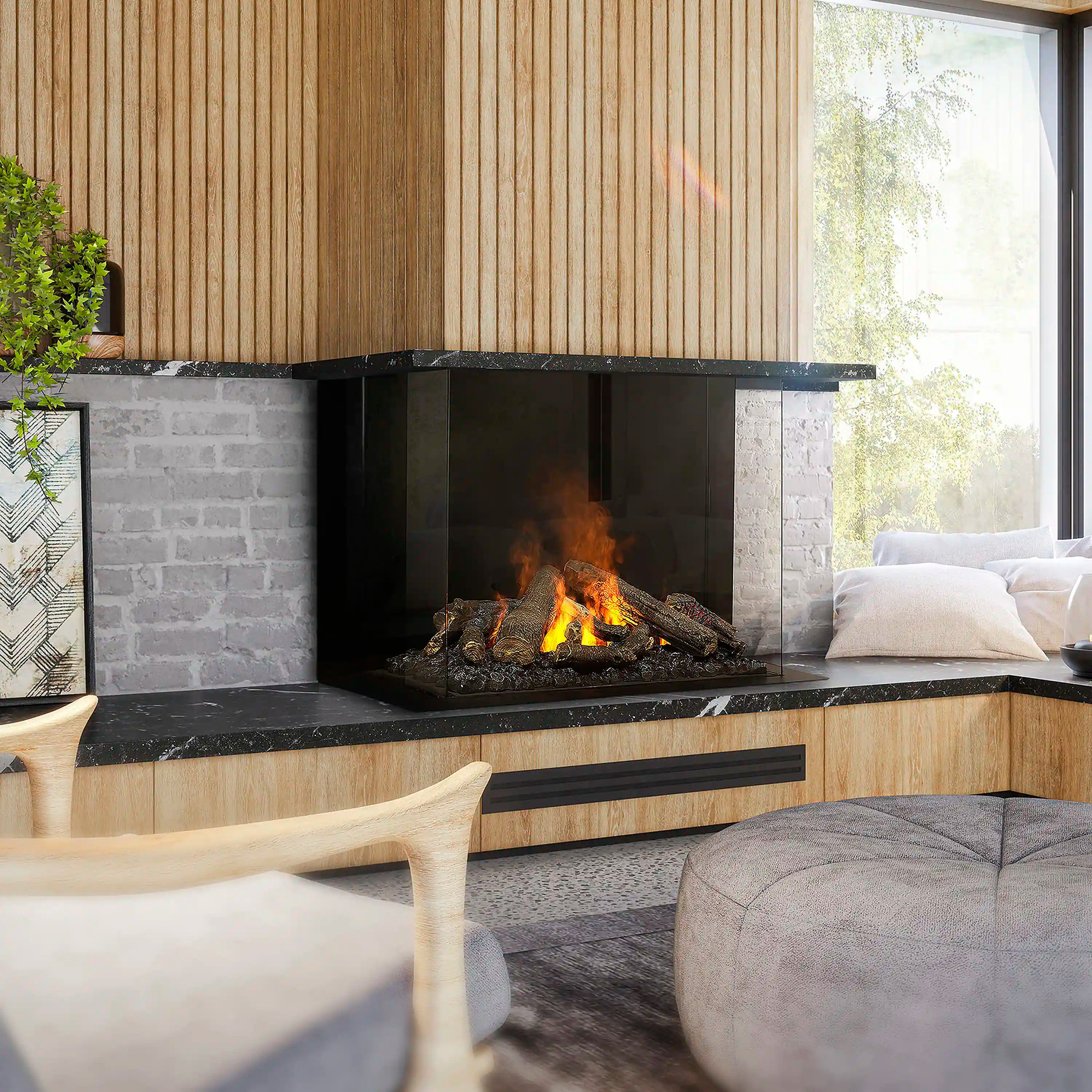 Three-sided electric fireplace in dark bay surround with visible burning logs