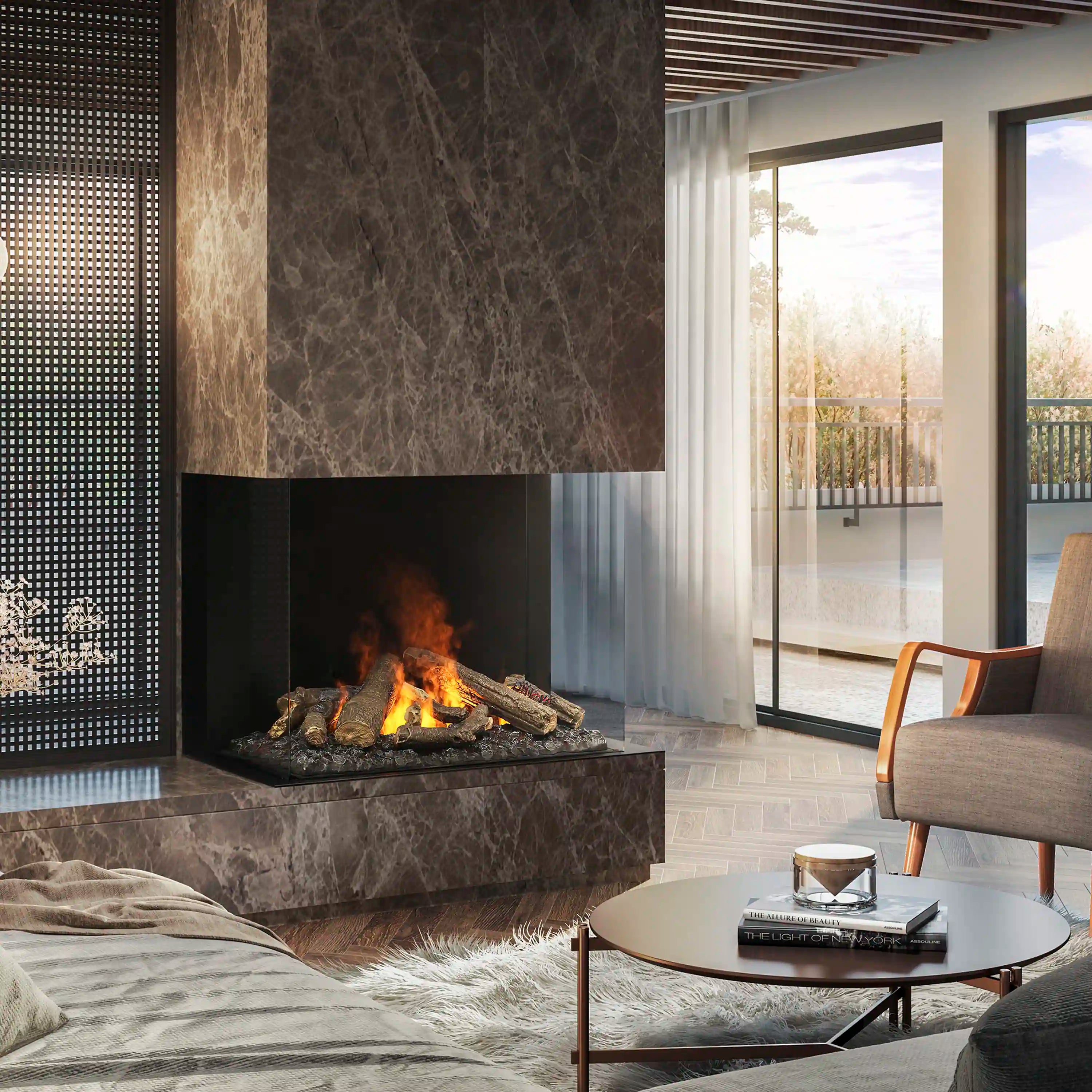 Three-sided electric fireplace with burning logs in dark stone surround