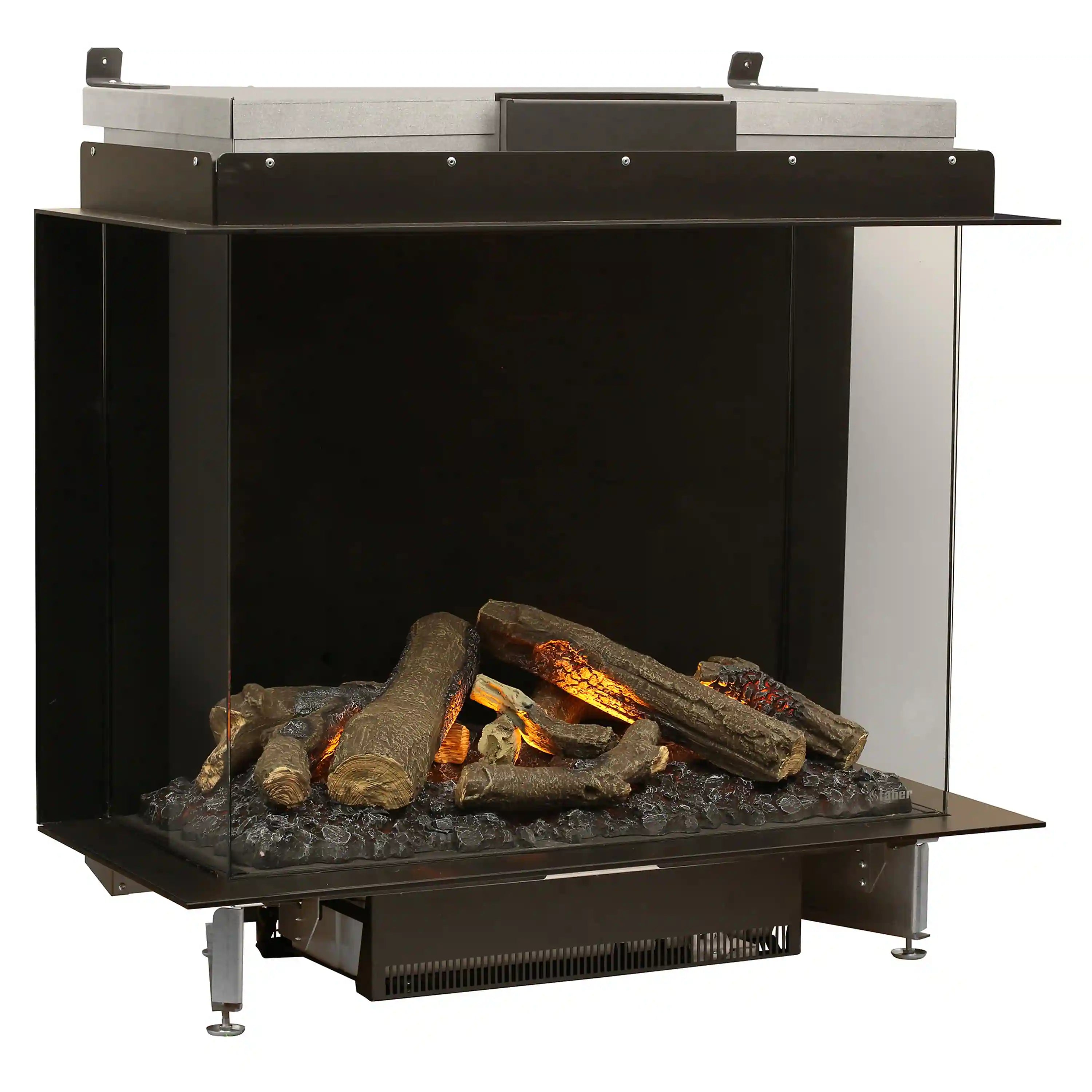 Three-sided electric firebox angled view with black frame, glass panels, and glowing logs