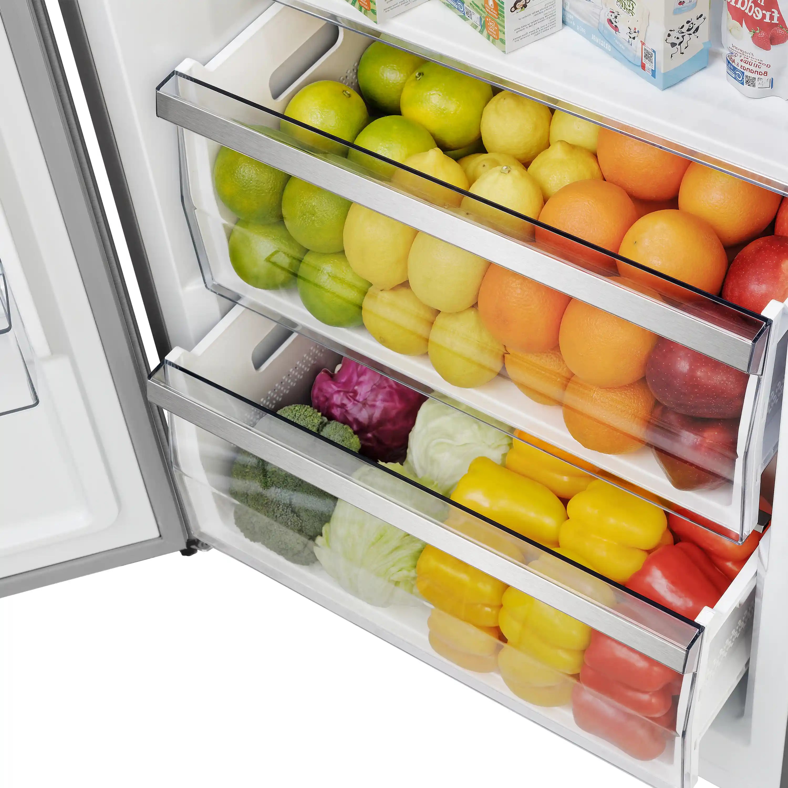 Stainless steel convertible refrigerator/freezer with open door, shelves, and produce bins