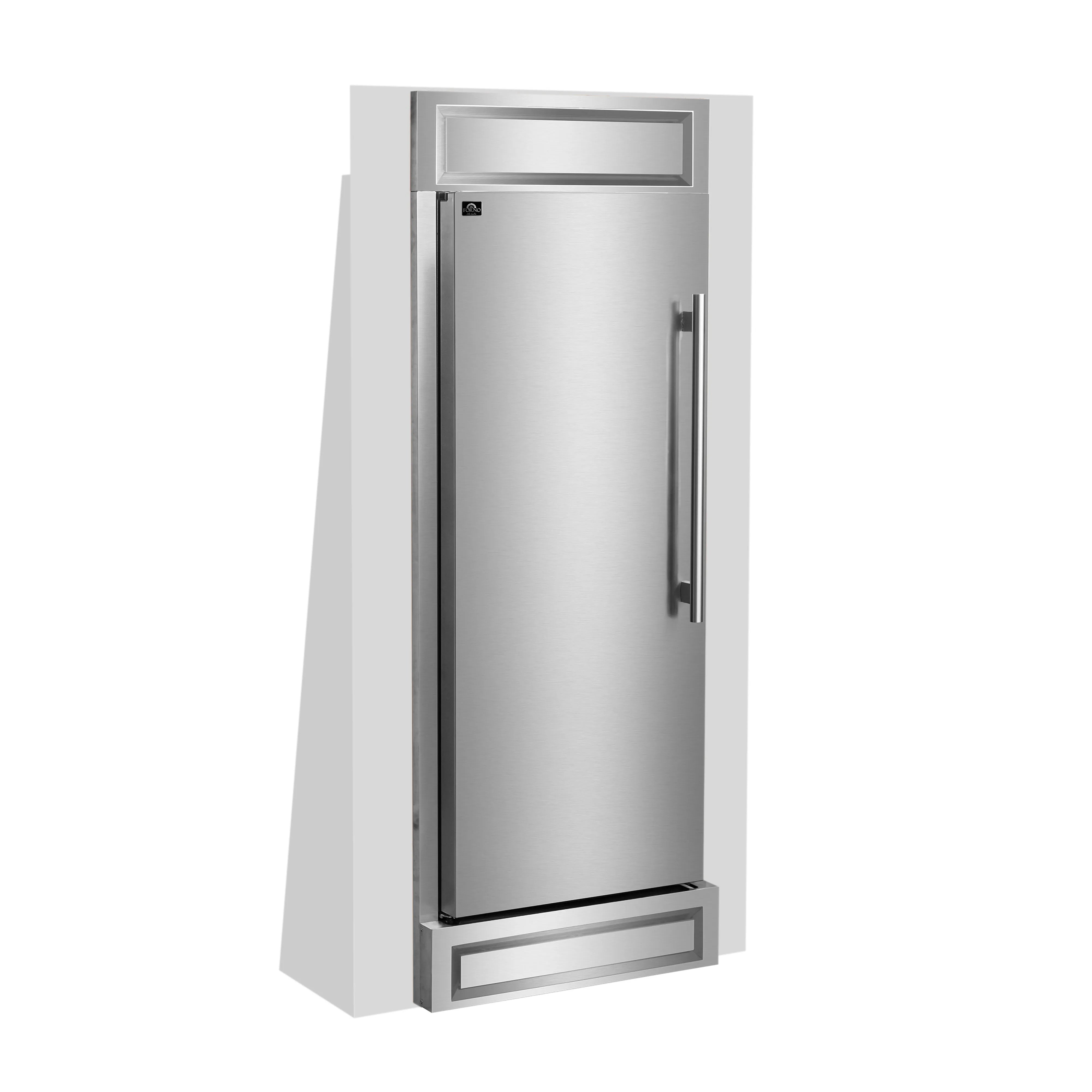 Stainless steel built-in refrigerator door with vertical handle and decorative grille base