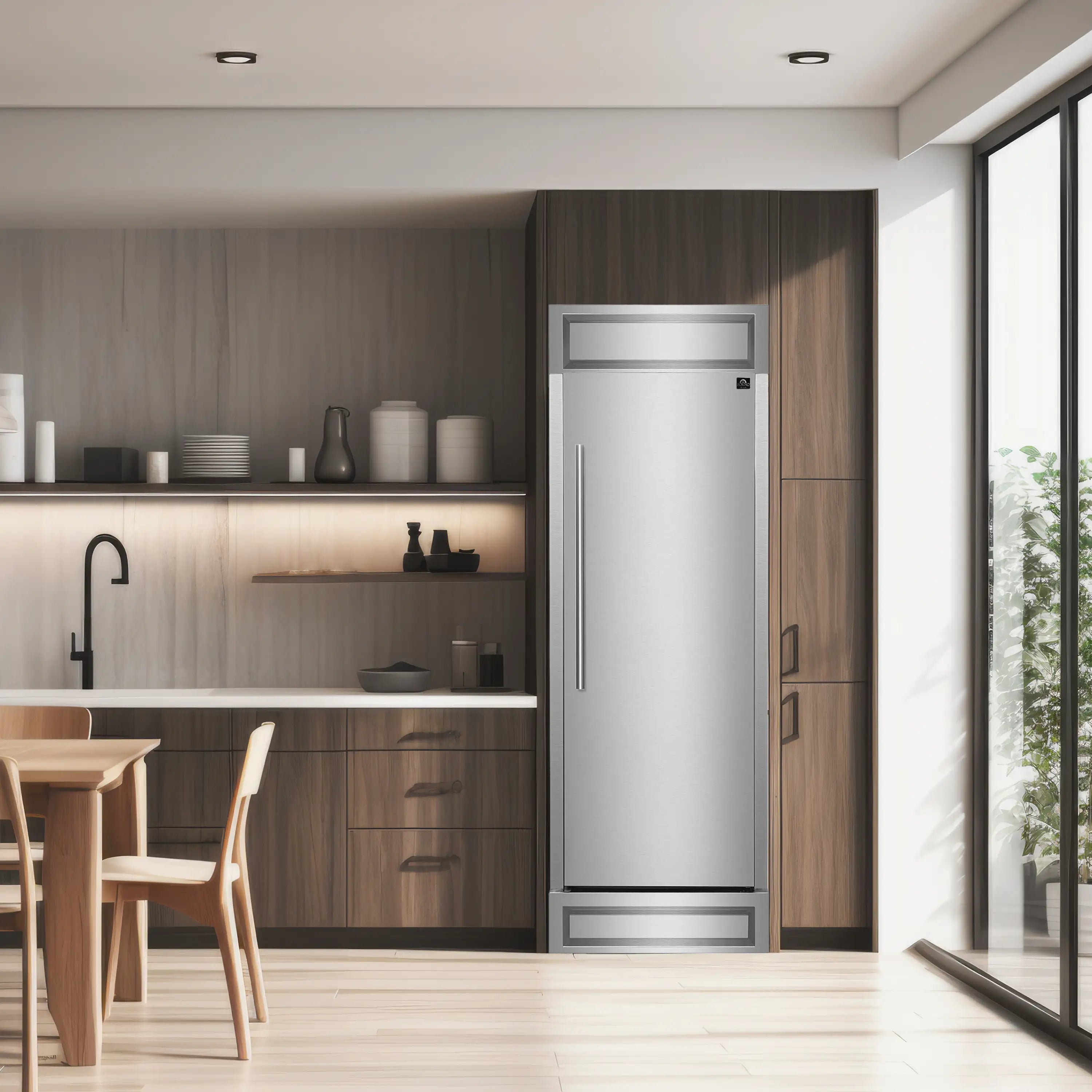 Built-in refrigerator/freezer installed in a kitchen, stainless door and trim visible.