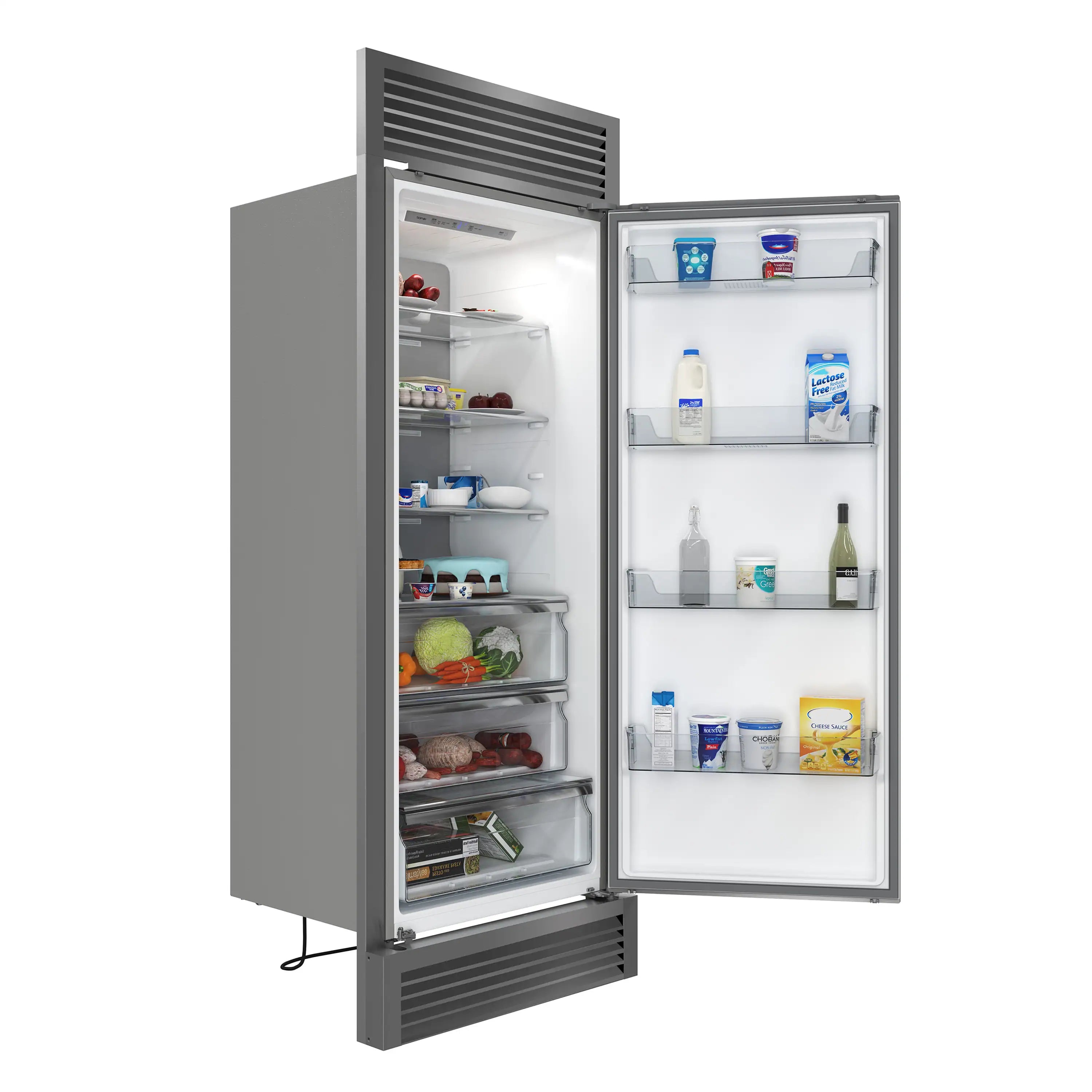 Convertible built-in refrigerator with open doors and interior shelving