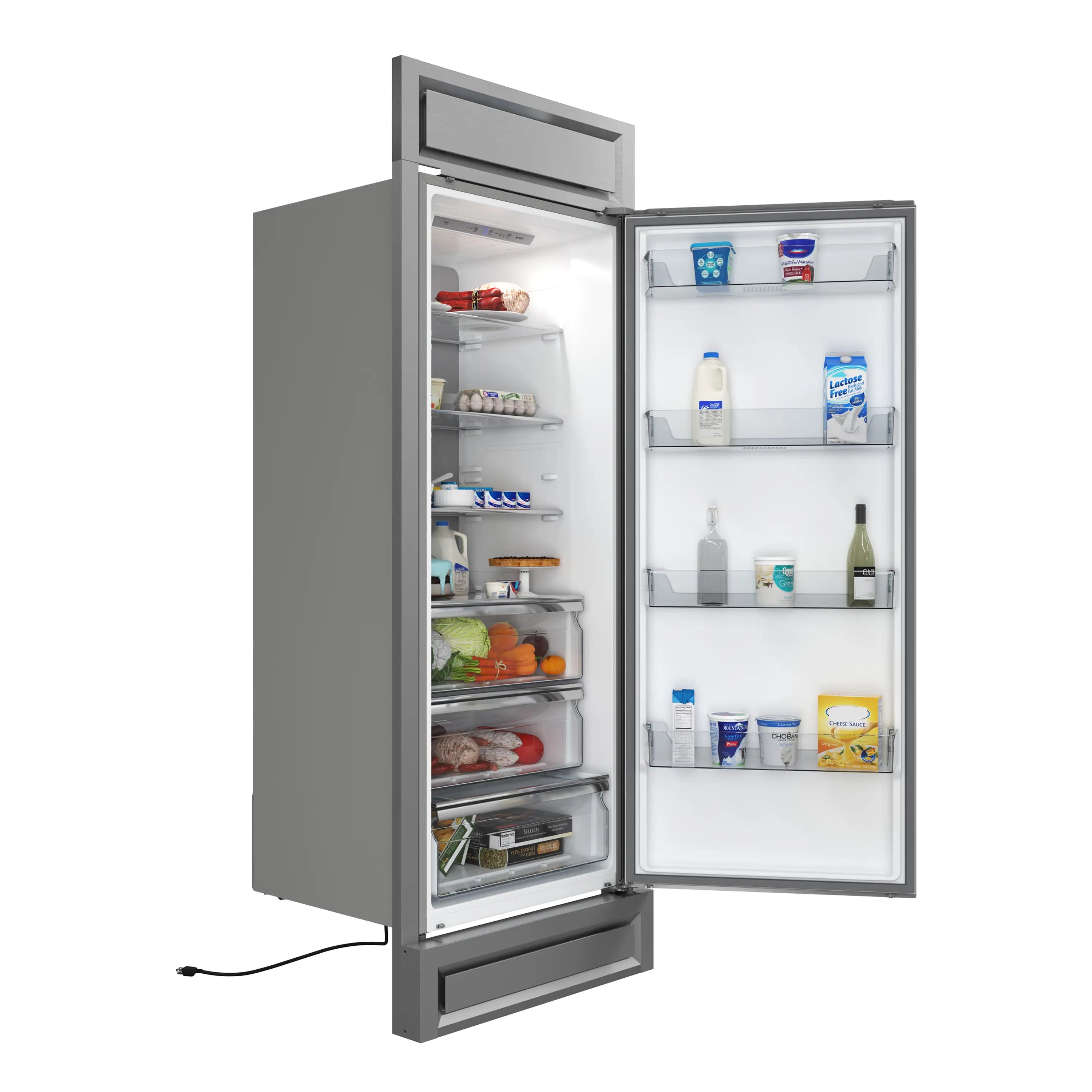 Open refrigerator/freezer with door swung out, showing shelves and bottled items.