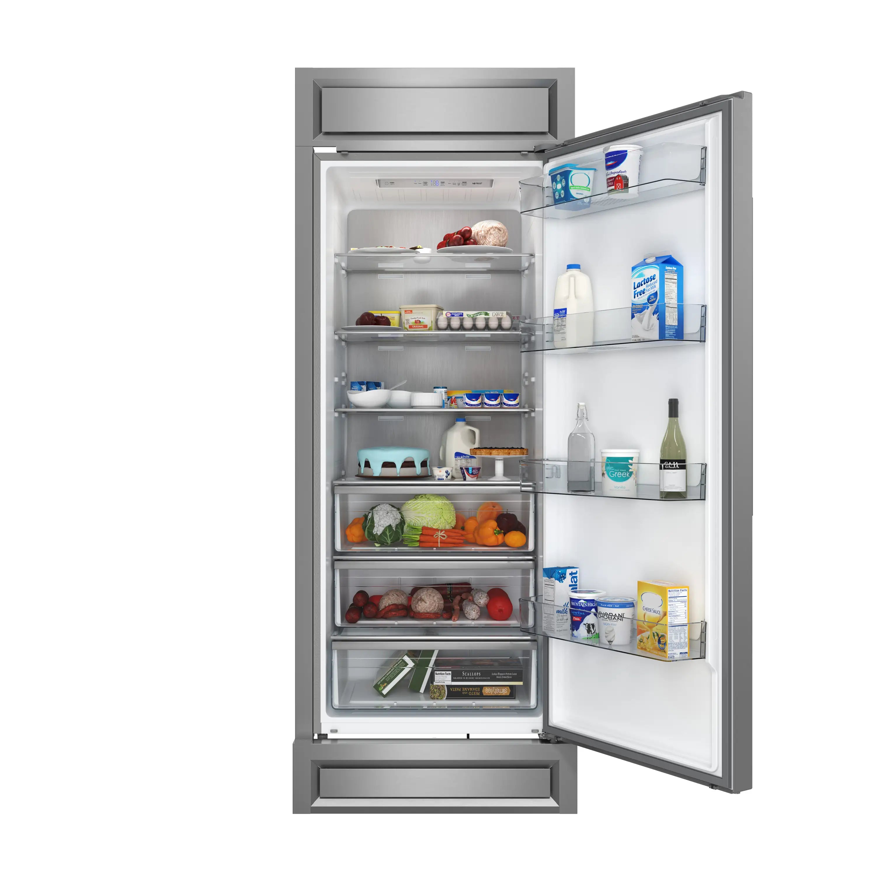Stainless steel refrigerator/freezer with open door, adjustable shelves and bins
