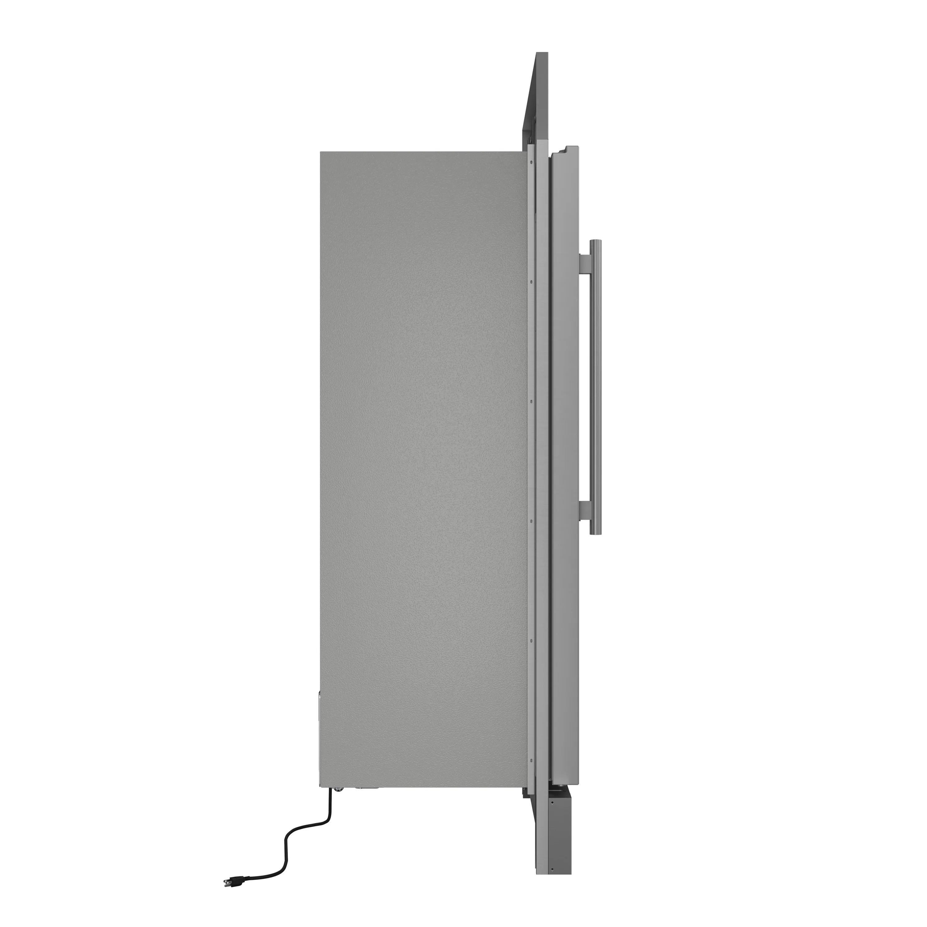 Stainless steel built-in refrigerator/freezer door with right-side handle, side view.