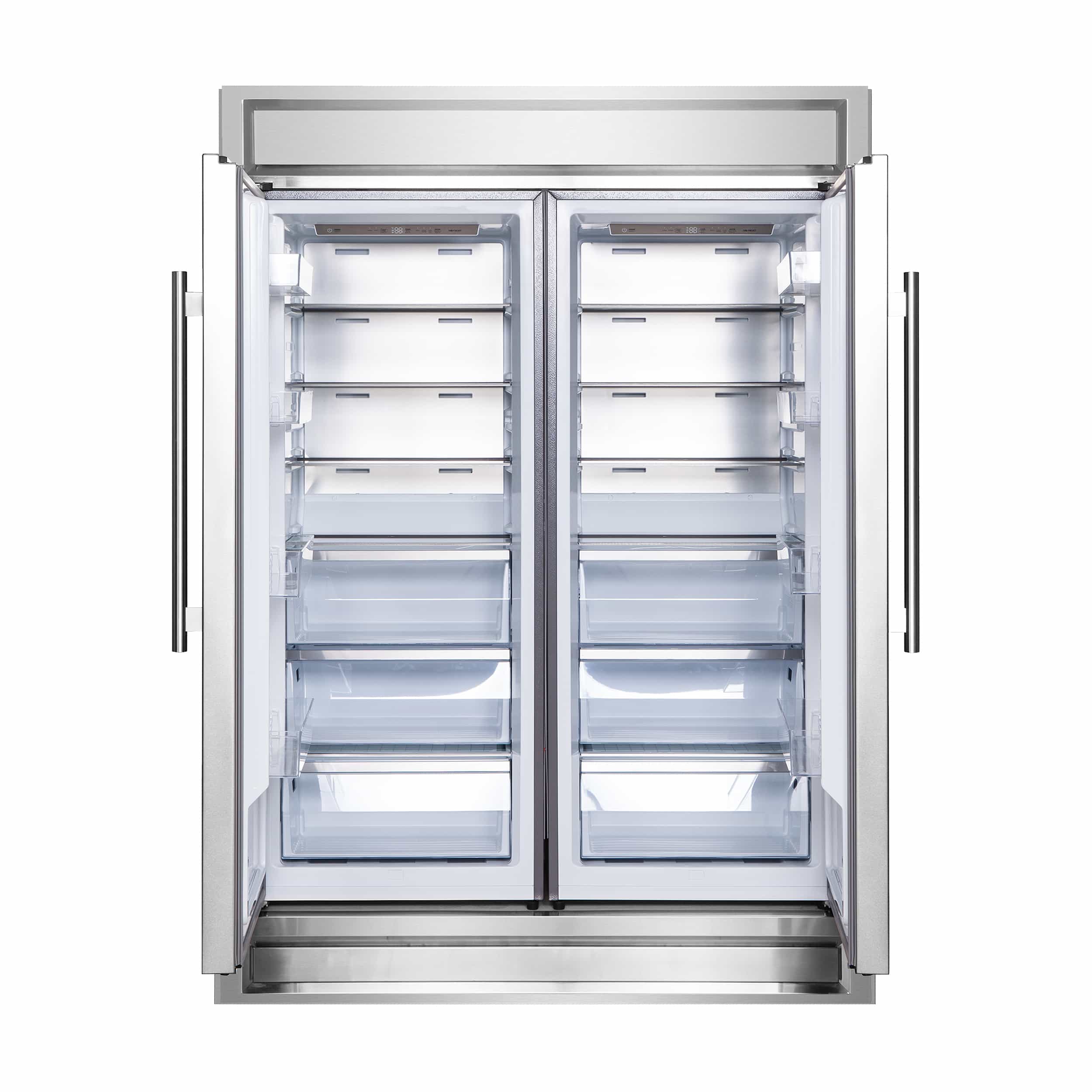 Stainless steel refrigerator interior with two door bays and glass shelves