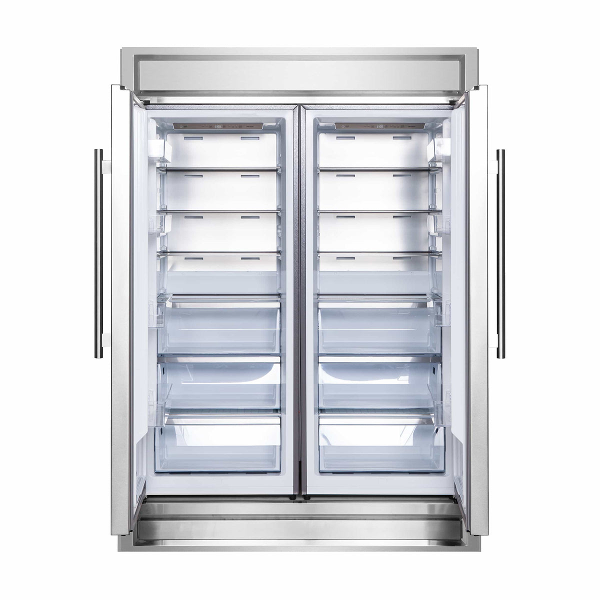 Stainless steel refrigerator with open doors, adjustable shelves and drawers