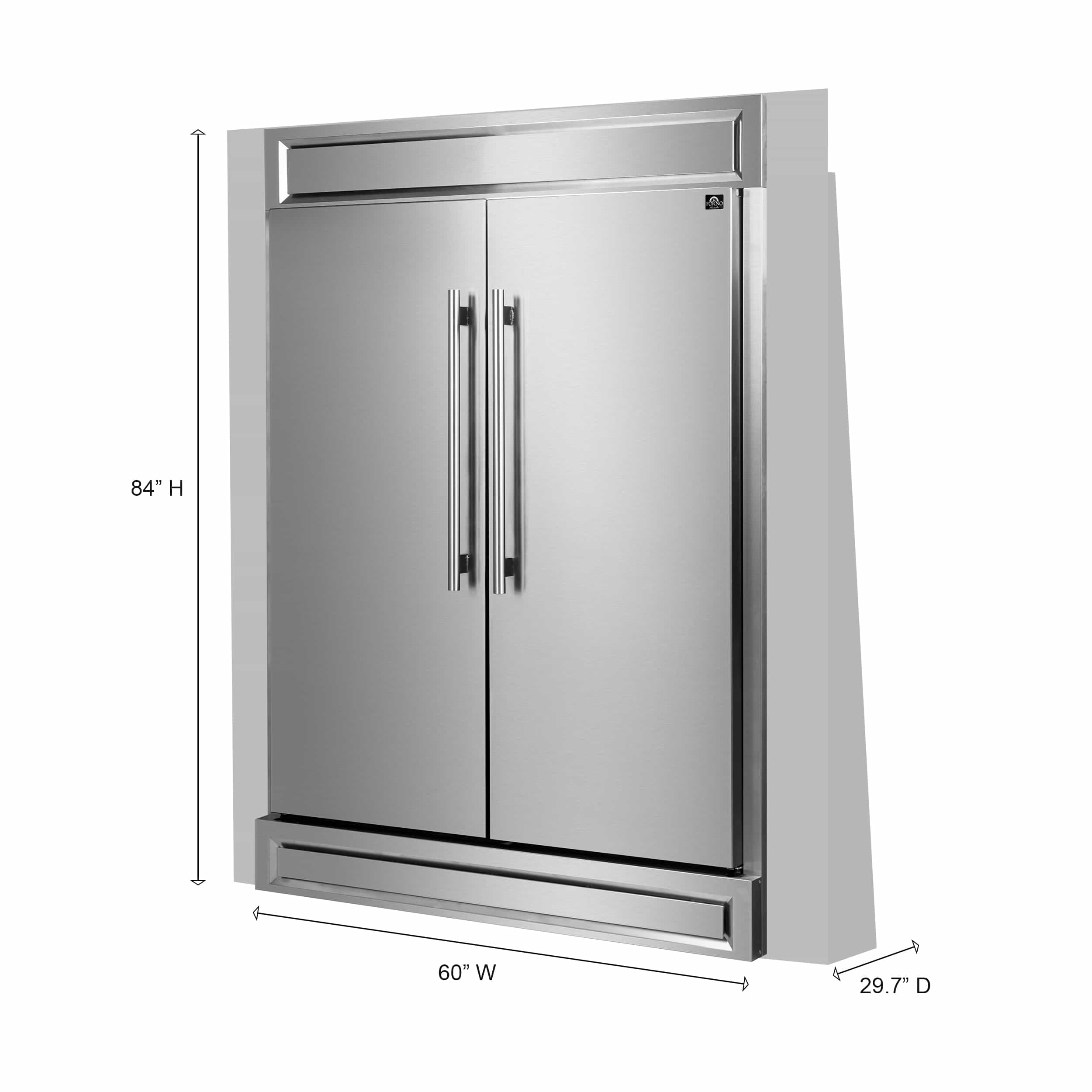 Stainless steel 2-door refrigerator with vertical handles and bottom trim