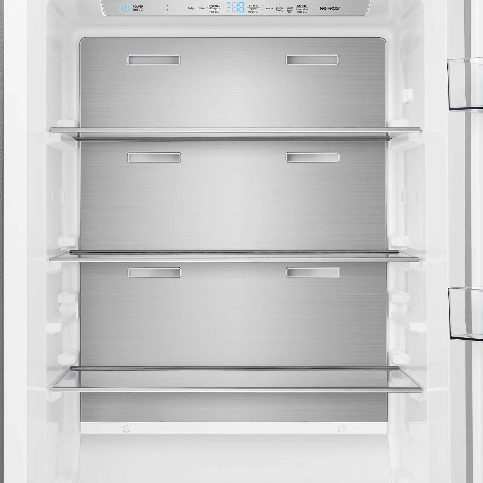 Built-in refrigerator freezer compartment with three wire baskets and closed cabinet doors
