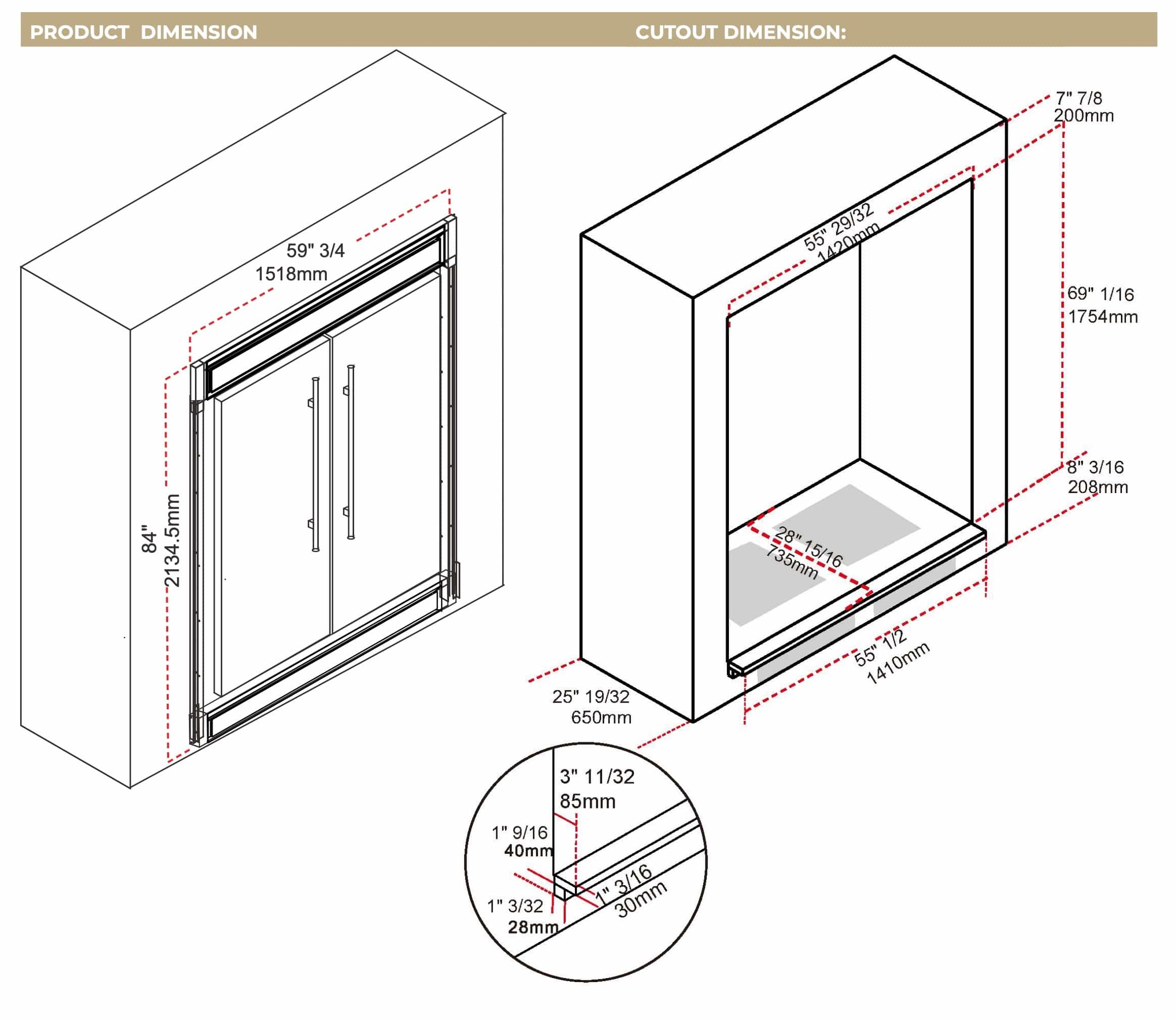 Refrigerator installation cutout dimension diagram with cabinet and opening measurements