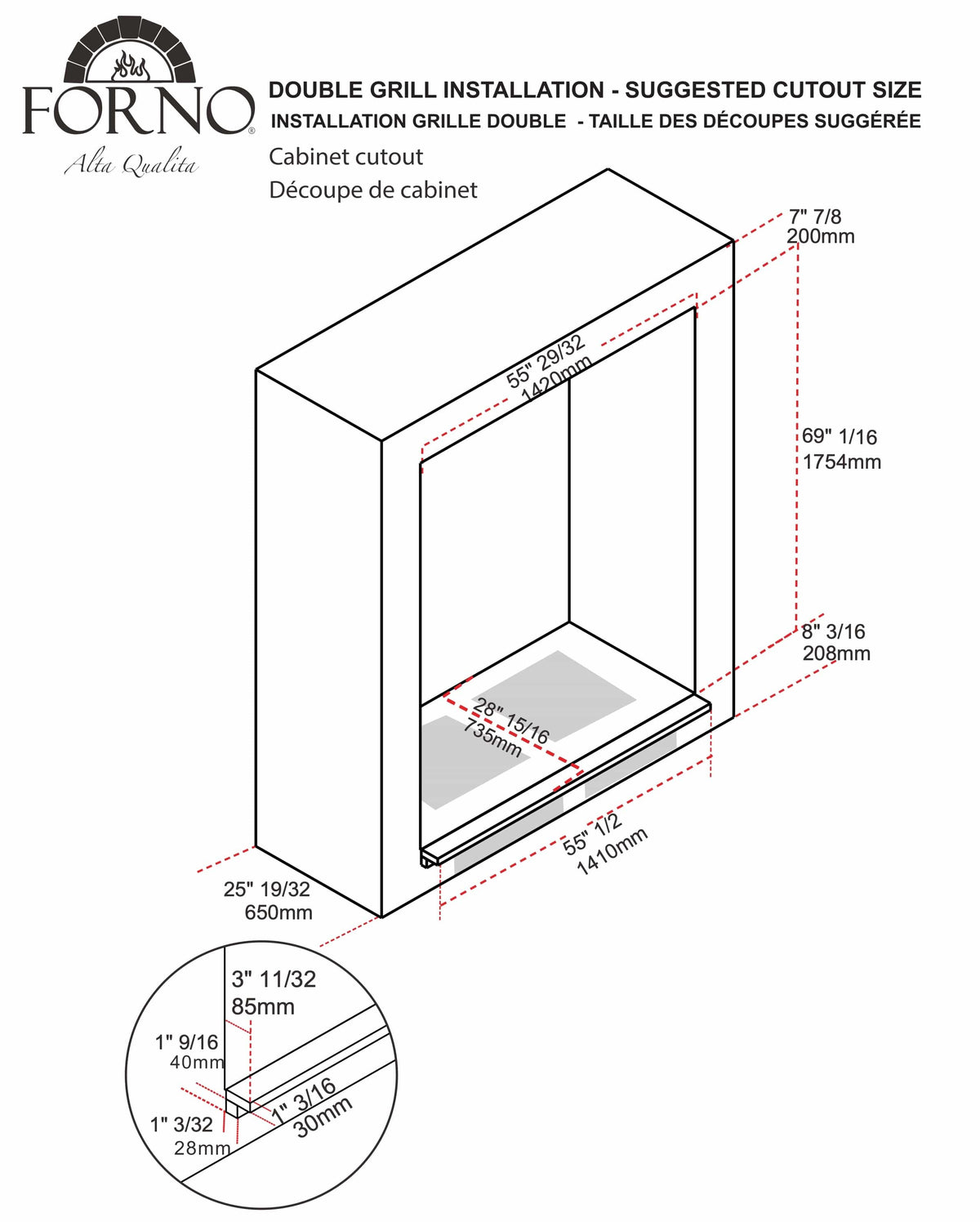 Refrigerator double built-in cutout dimension diagram with cabinet opening measurements