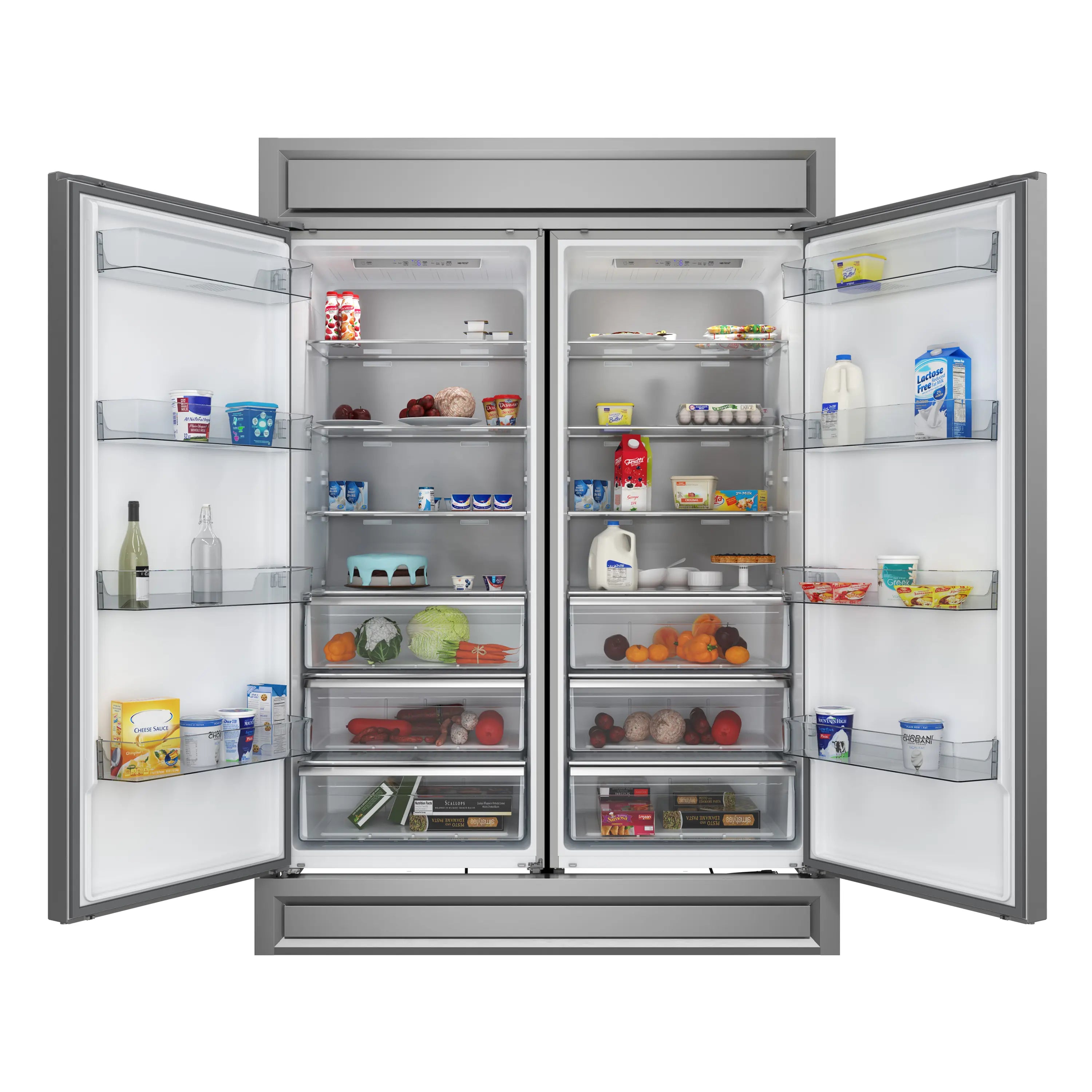 Stainless steel refrigerator with open doors and stocked shelves
