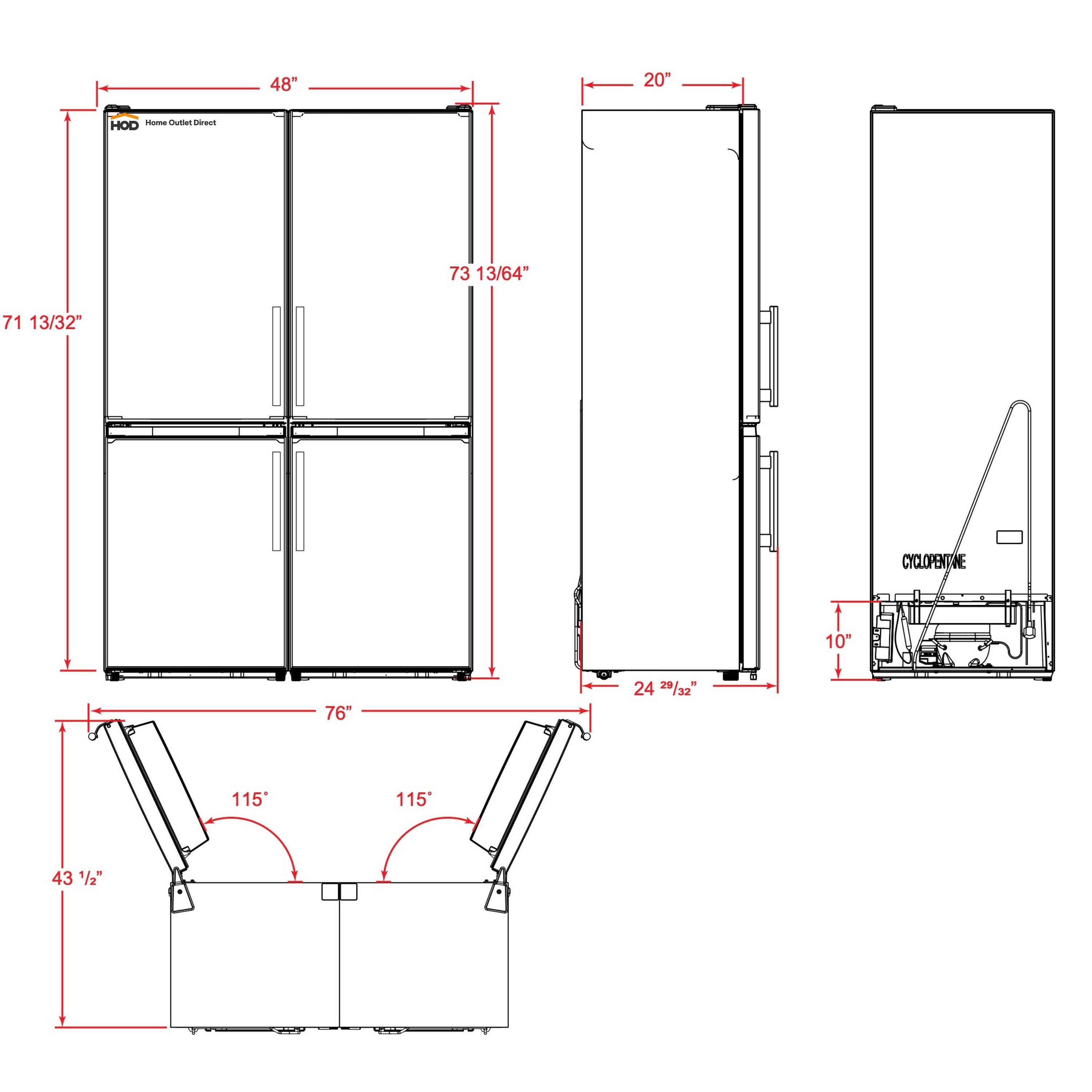 Refrigerator dimensions diagram with front, side, and top measurements