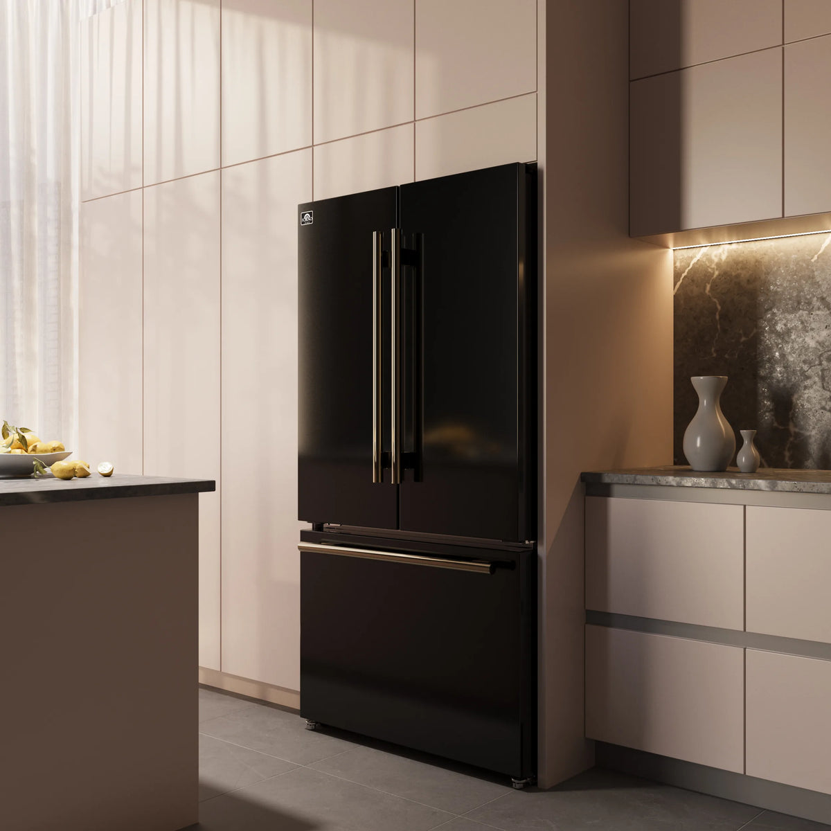 Forno Rivello 36-Inch French Door 27.4 Cu. Ft. Built-In Refrigerator with Internal Water Dispenser in Black with Antique Brass Trim shown in a styled kitchen