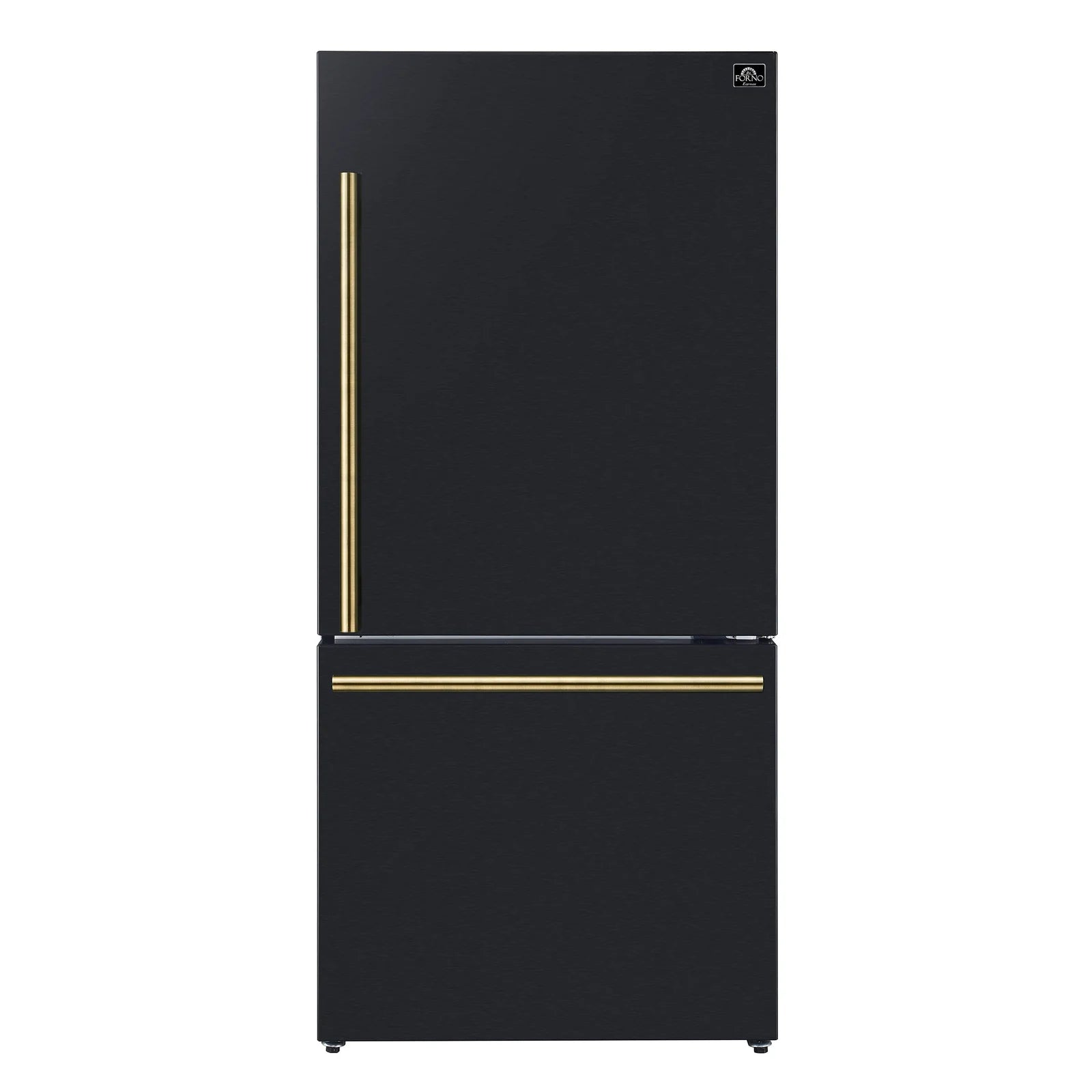 Black two-door refrigerator with antique brass handle trim