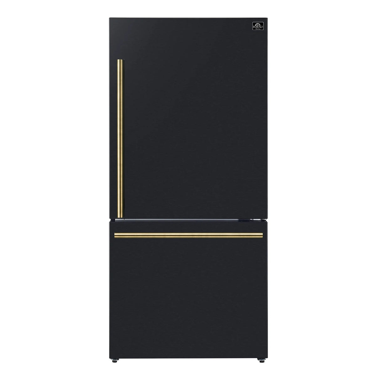 Black refrigerator with antique brass vertical handle and horizontal freezer handle