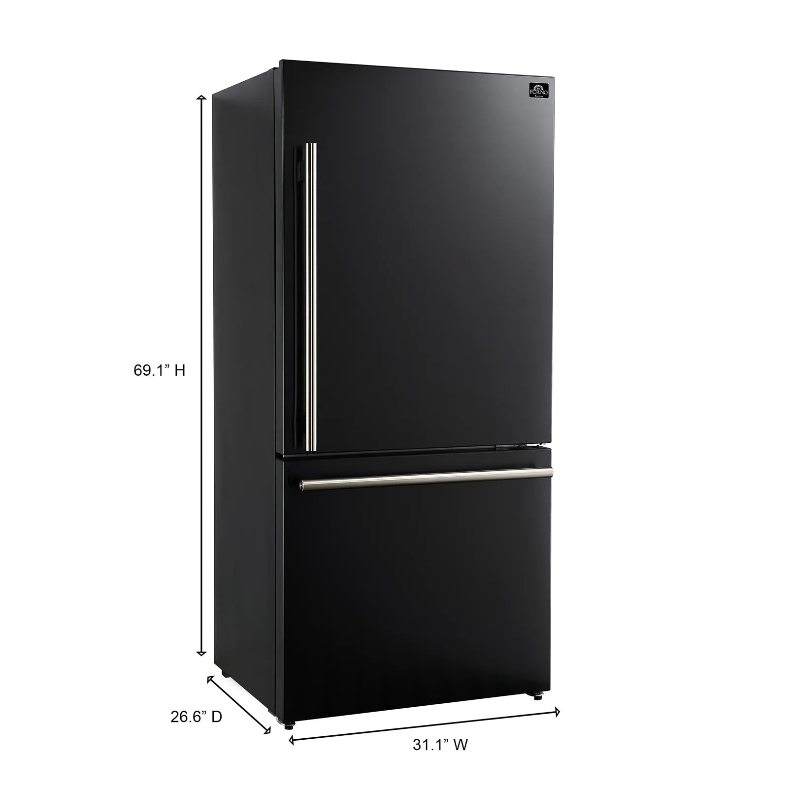 Black refrigerator with stainless steel vertical handle and two-door layout