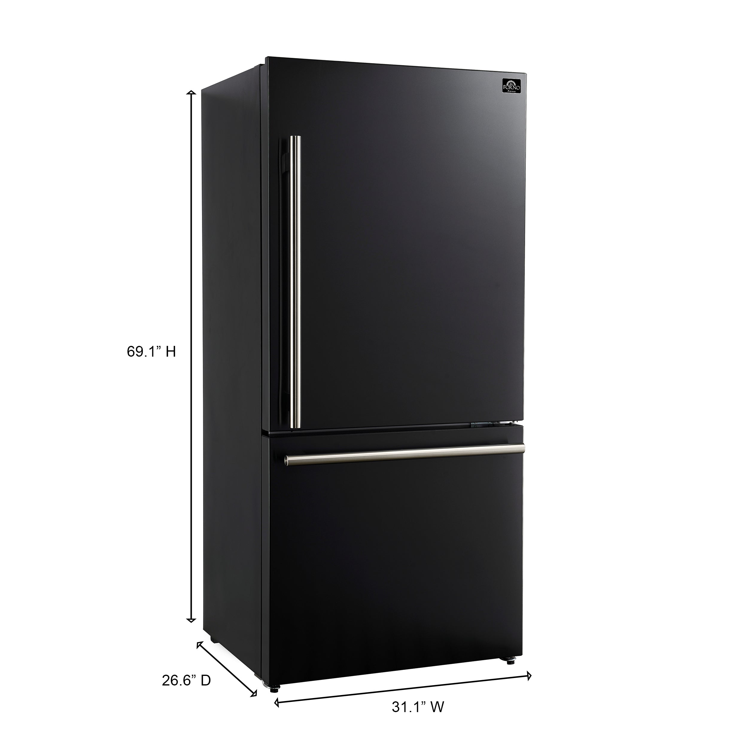 Black 2-door refrigerator with stainless handle and height and width measurements