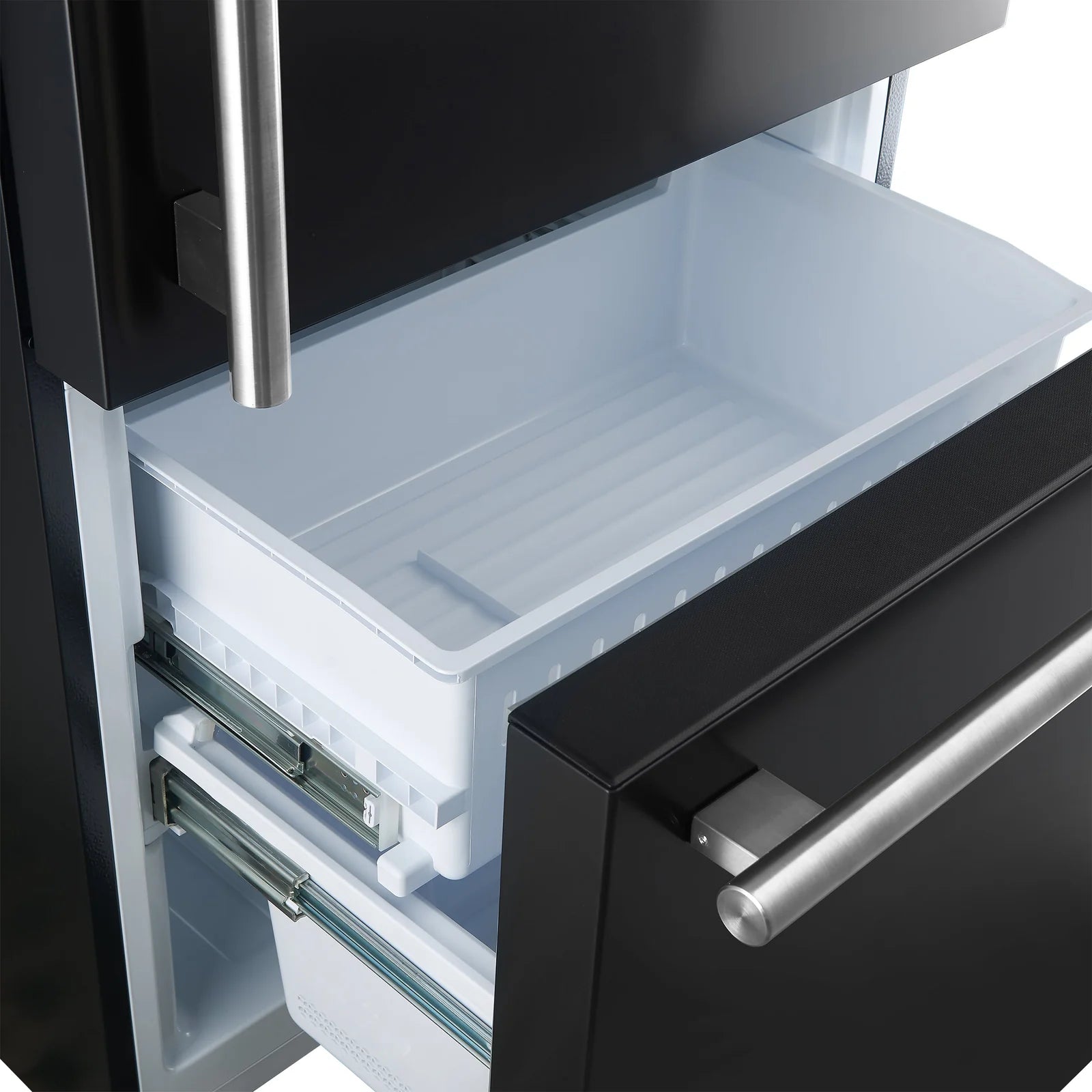 Pull-out freezer drawer bin and interior shelf on black refrigerator