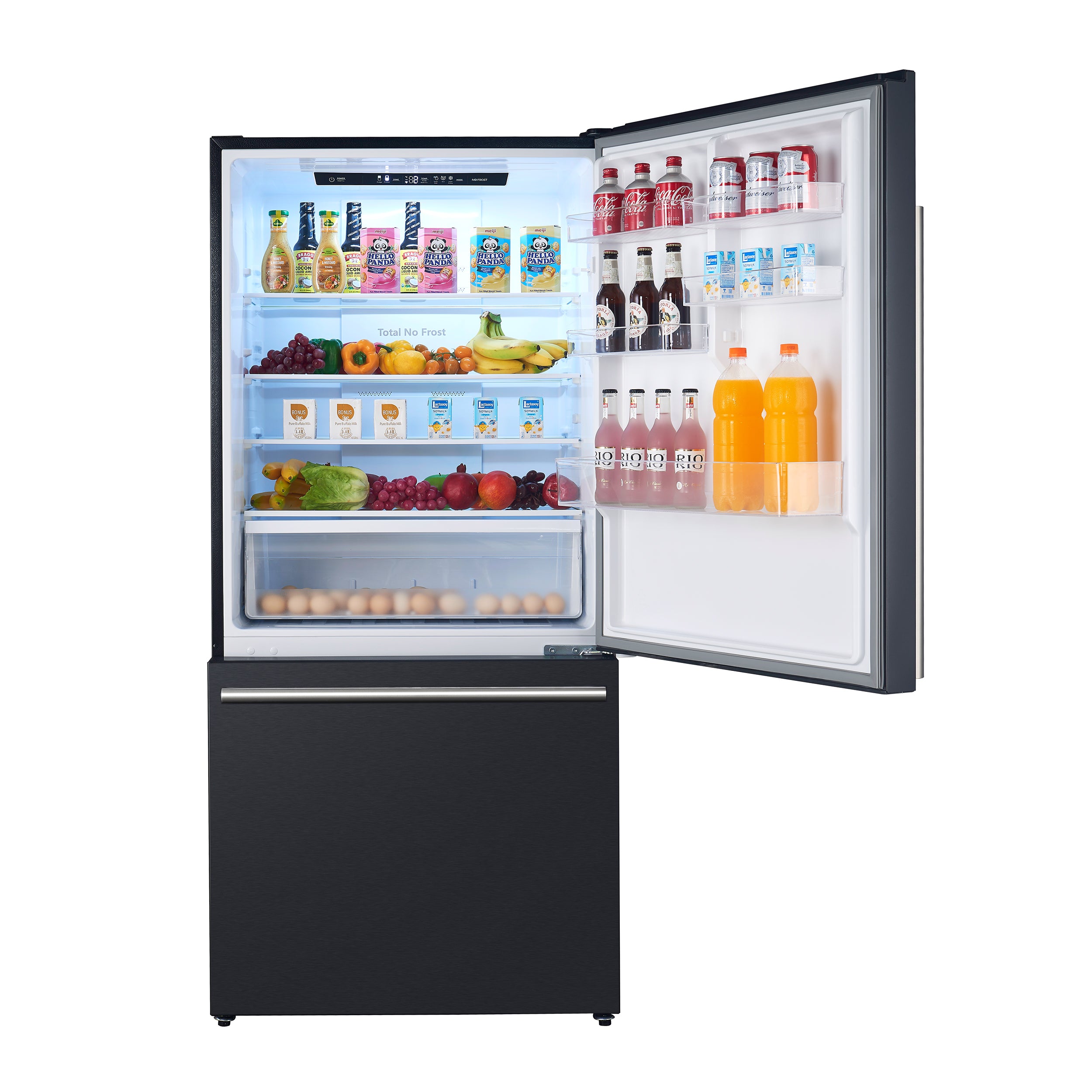 Black 2-door refrigerator with open doors showing shelves and bottle/door bins
