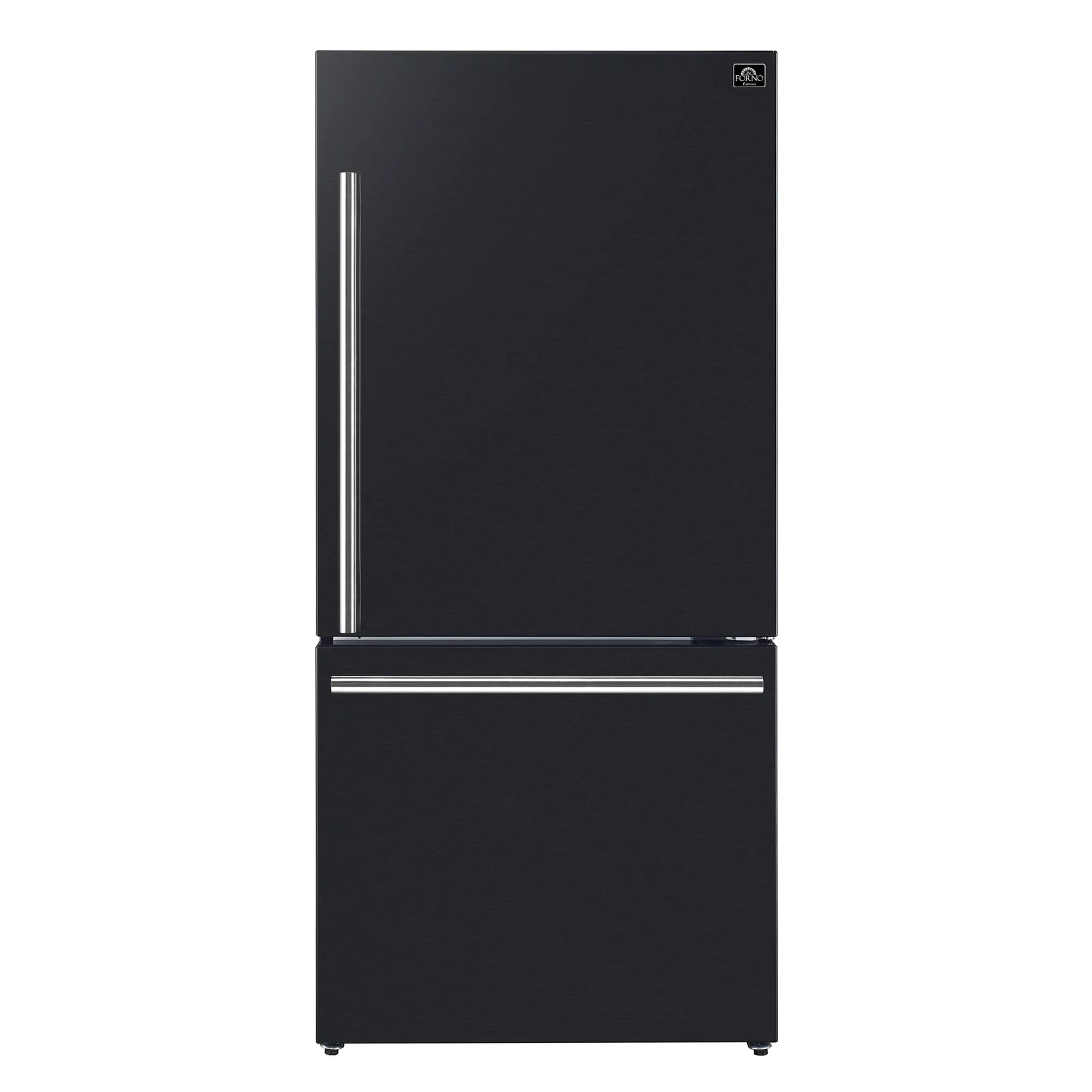 Black top-freezer refrigerator with stainless steel vertical handle