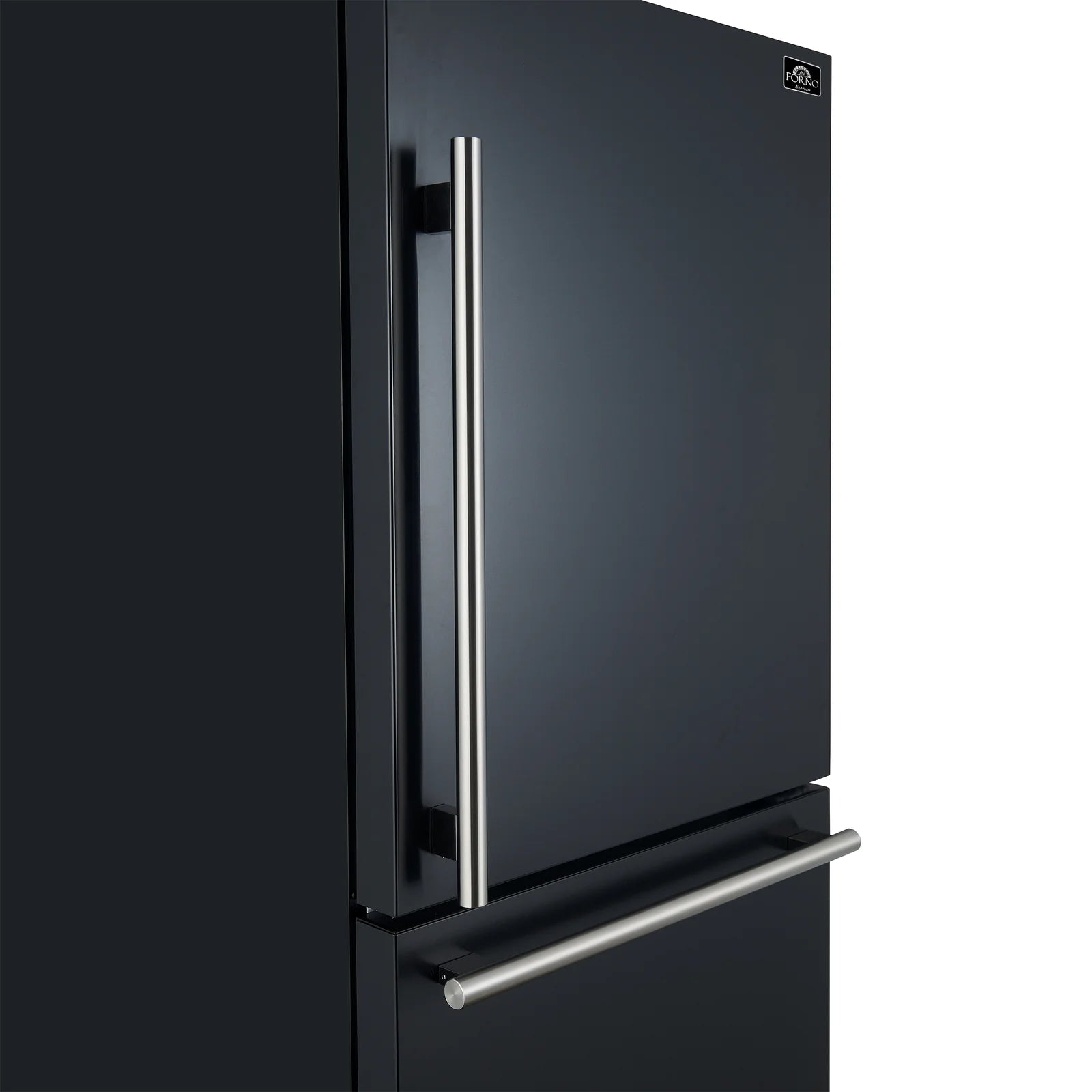 Black refrigerator with vertical silver handles and brass trim bar