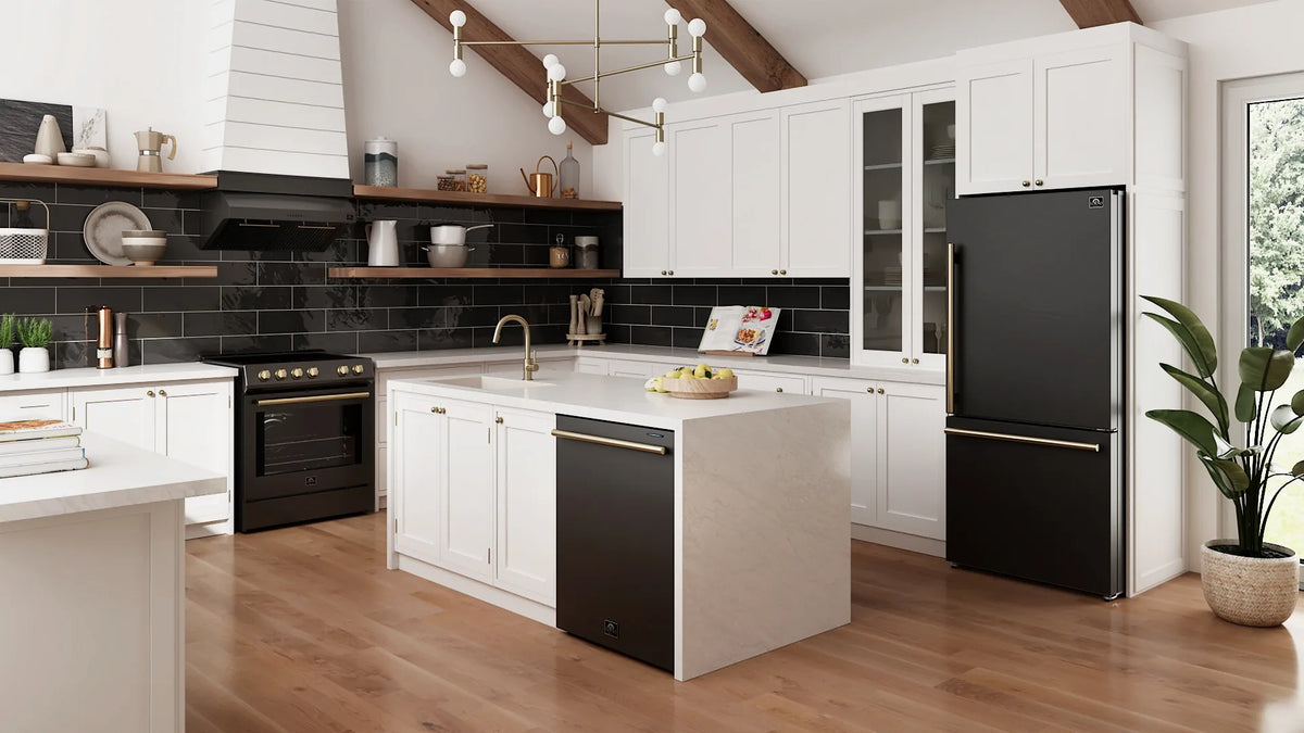 Forno Milano Espresso 31-Inch 17.2 cu. ft. Refrigerator and Bottom Freezer in Black with Antique Brass Trim, Right Hinge shown in a styled kitchen, view 2