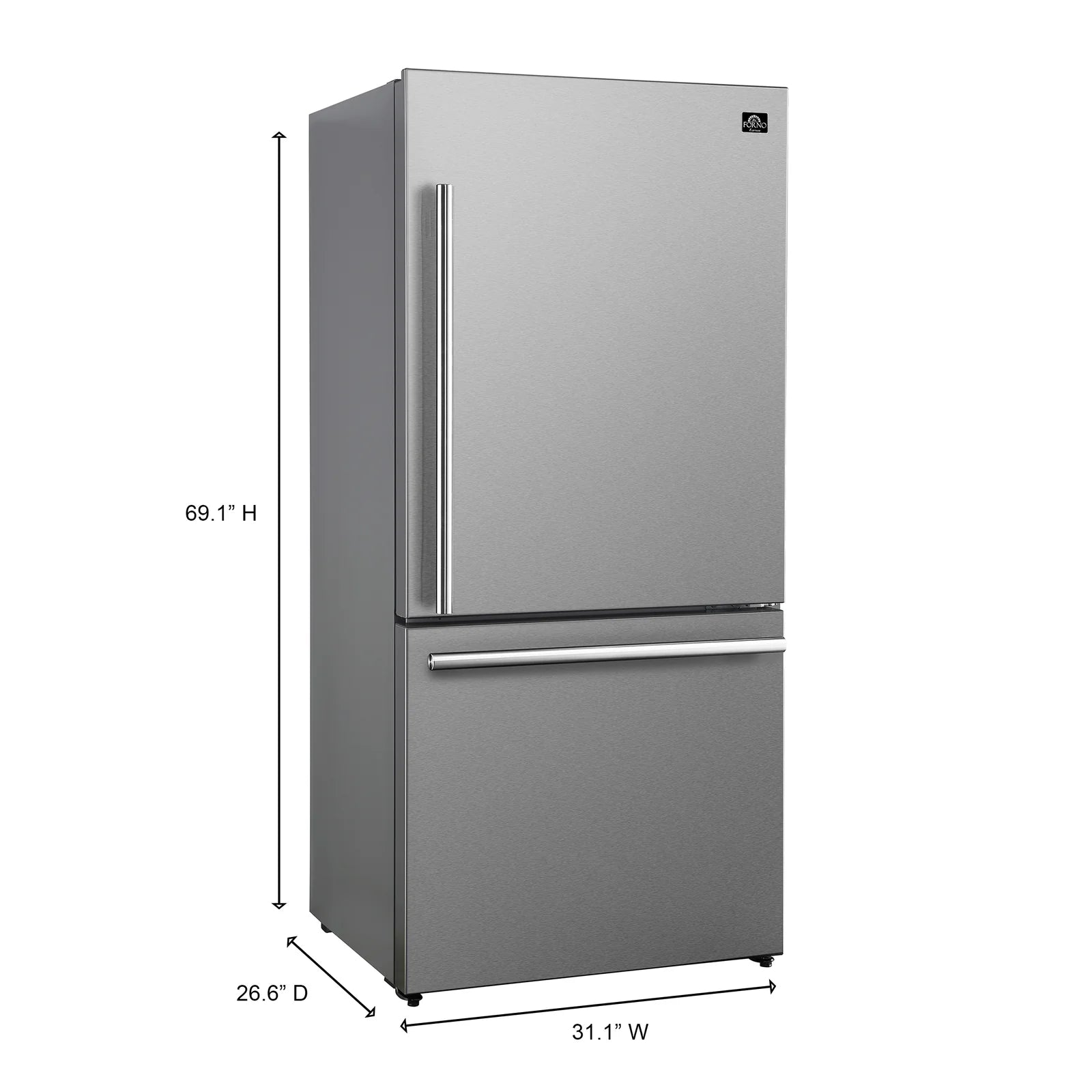 Stainless steel 2-door refrigerator with vertical handle and top-freezer style layout.